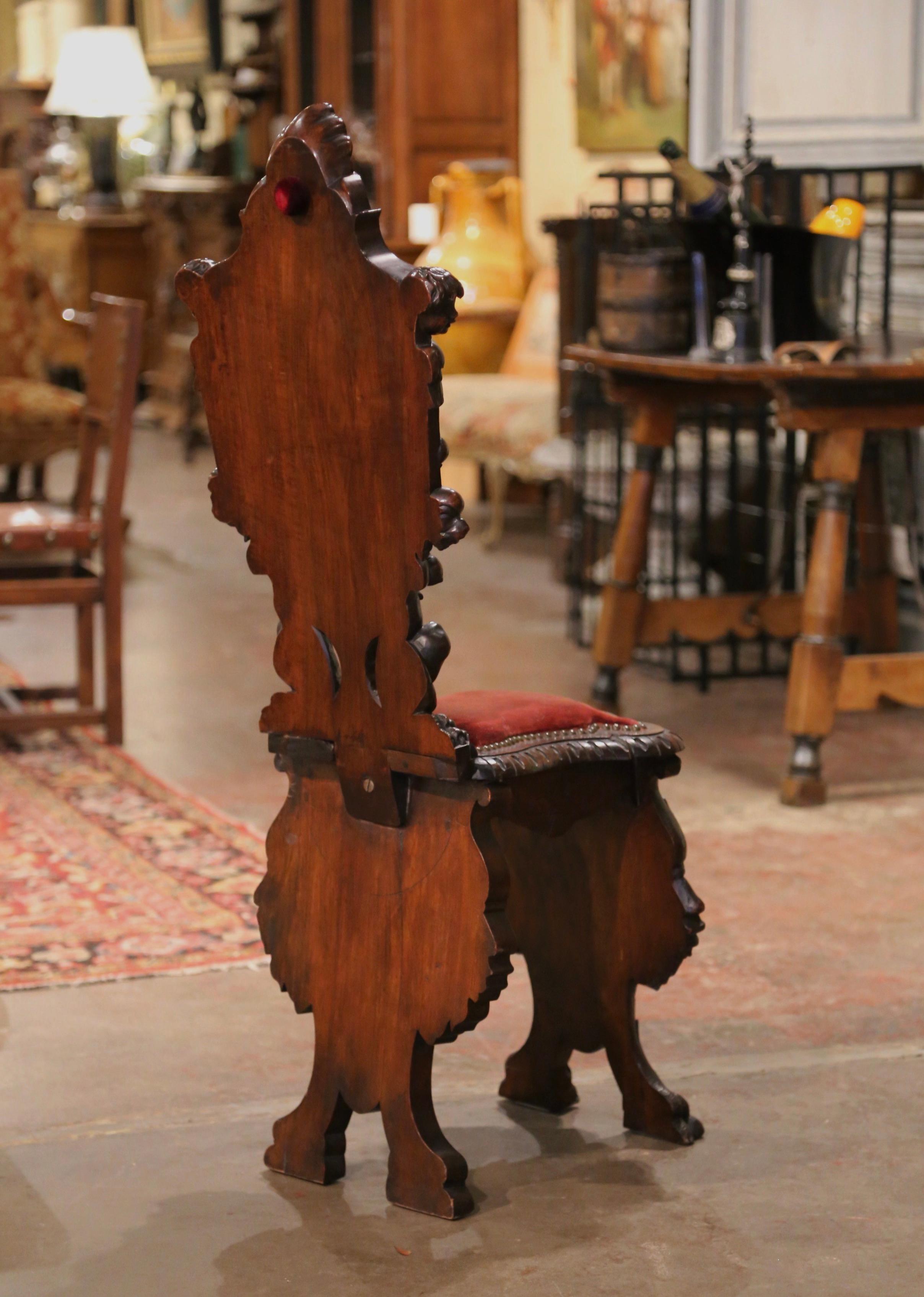19th Century Italian Renaissance Carved Walnut and Velvet Sgabello Hall Chair 8