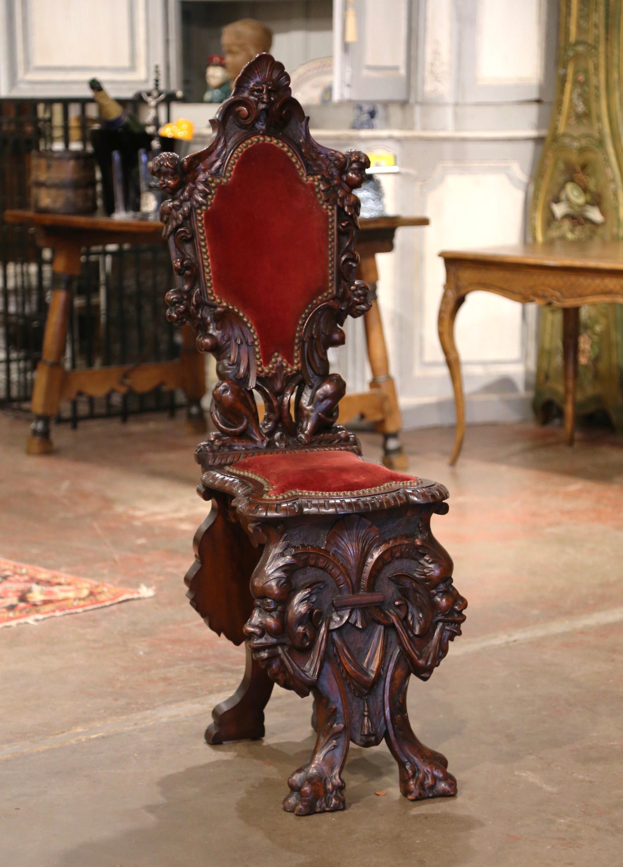 Hand-Carved 19th Century Italian Renaissance Carved Walnut and Velvet Sgabello Hall Chair