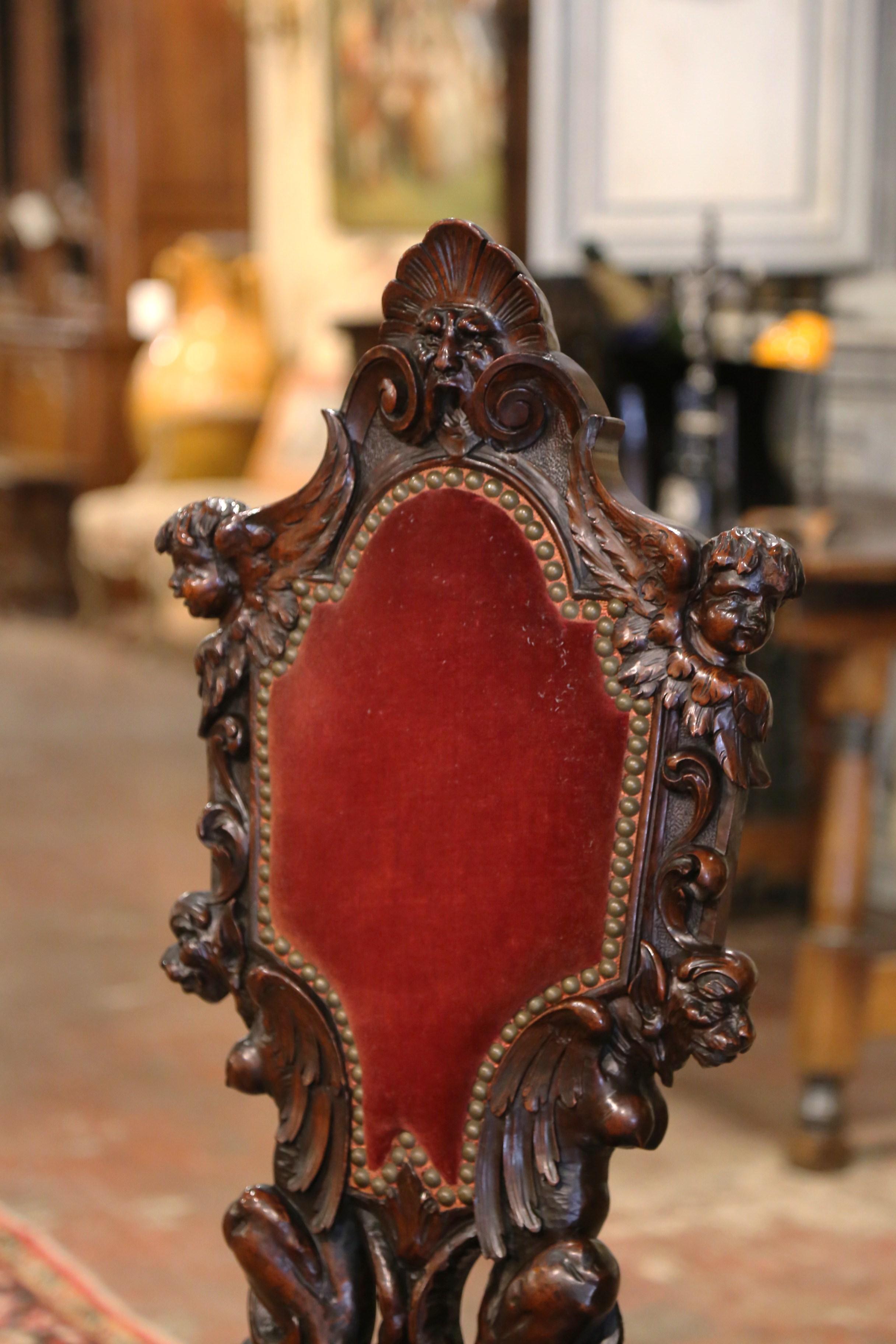19th Century Italian Renaissance Carved Walnut and Velvet Sgabello Hall Chair In Excellent Condition In Dallas, TX