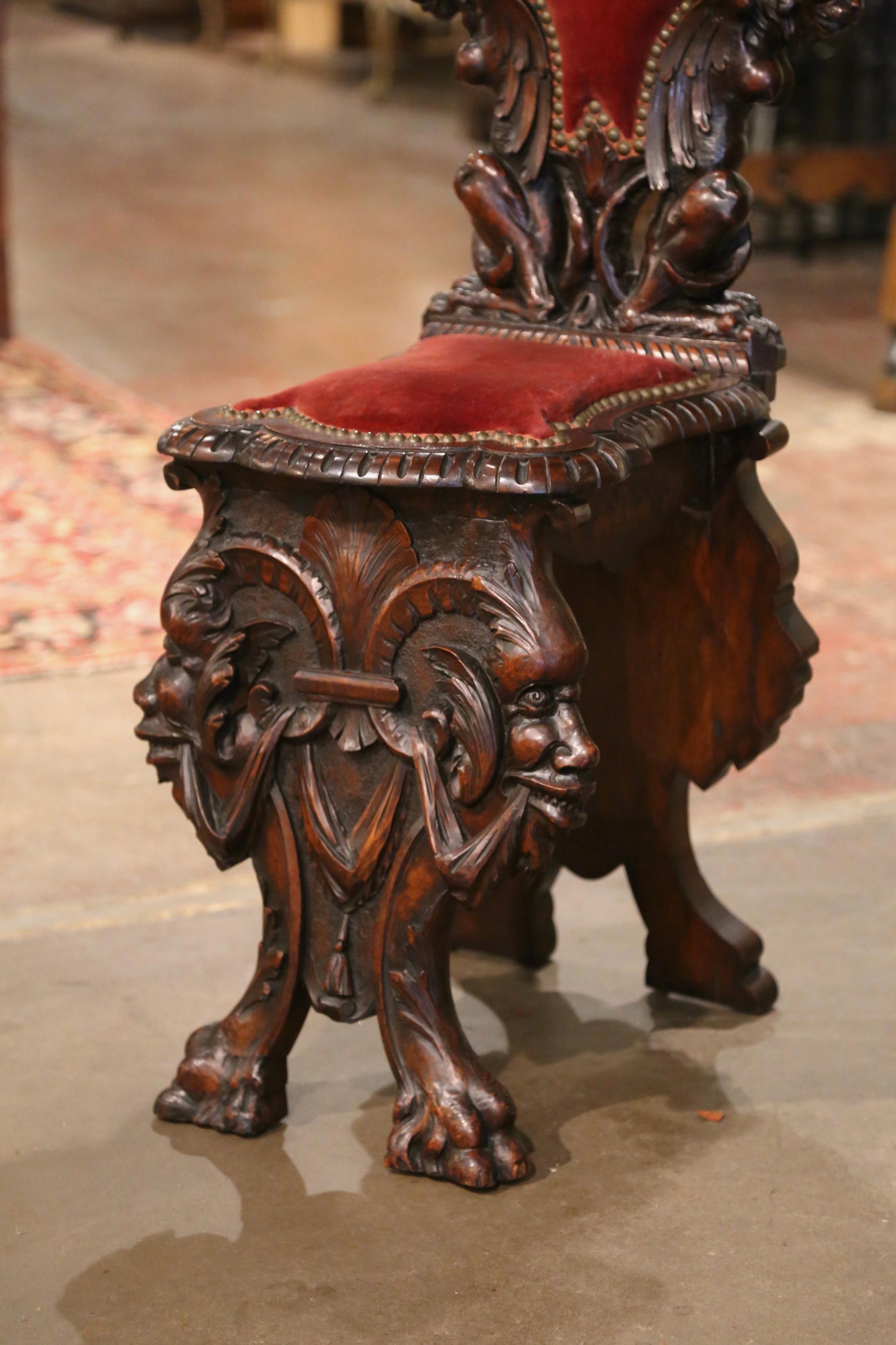 19th Century Italian Renaissance Carved Walnut and Velvet Sgabello Hall Chair 1