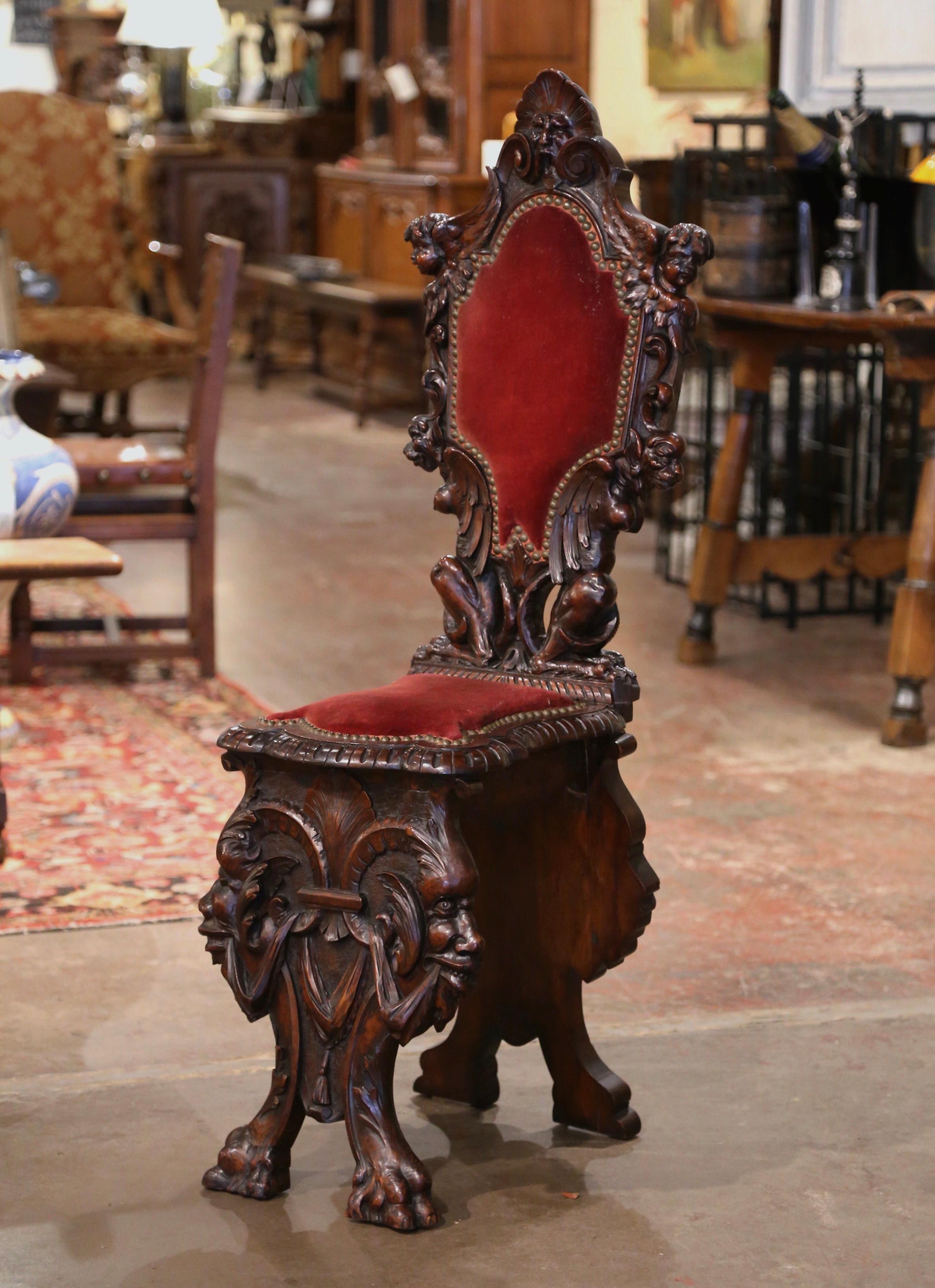 19th Century Italian Renaissance Carved Walnut and Velvet Sgabello Hall Chair 2