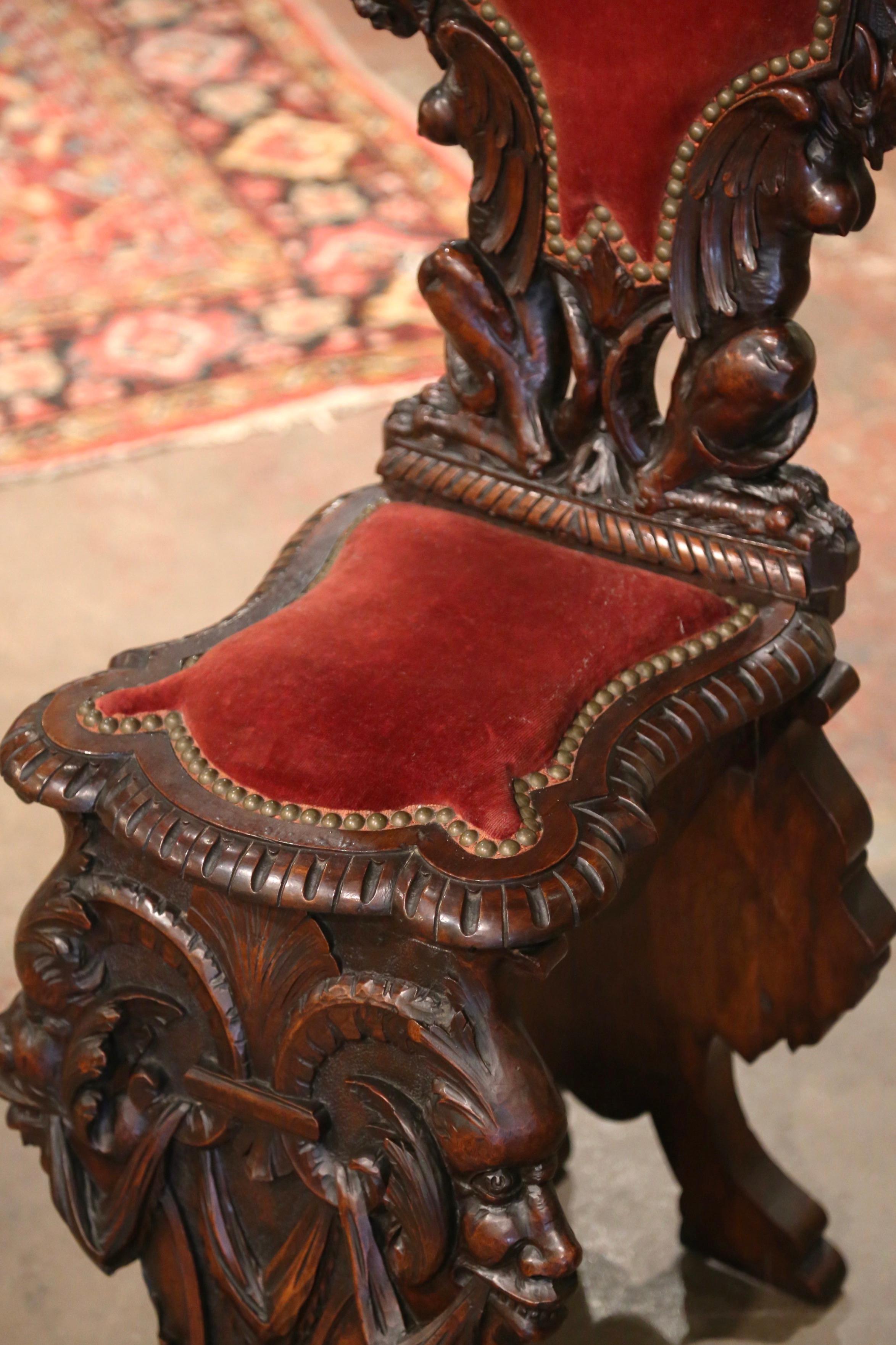 19th Century Italian Renaissance Carved Walnut and Velvet Sgabello Hall Chair 3