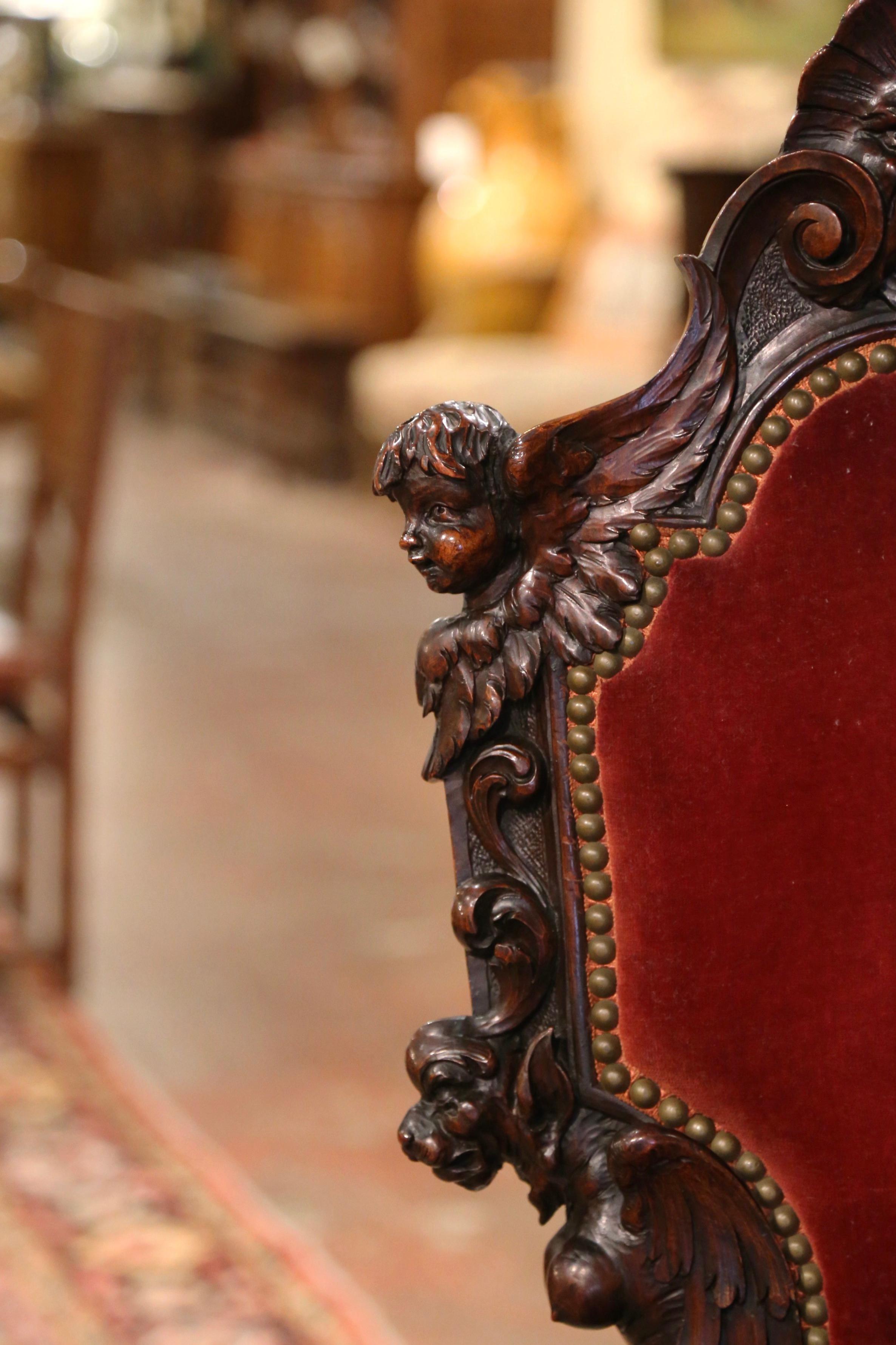 19th Century Italian Renaissance Carved Walnut and Velvet Sgabello Hall Chair 4