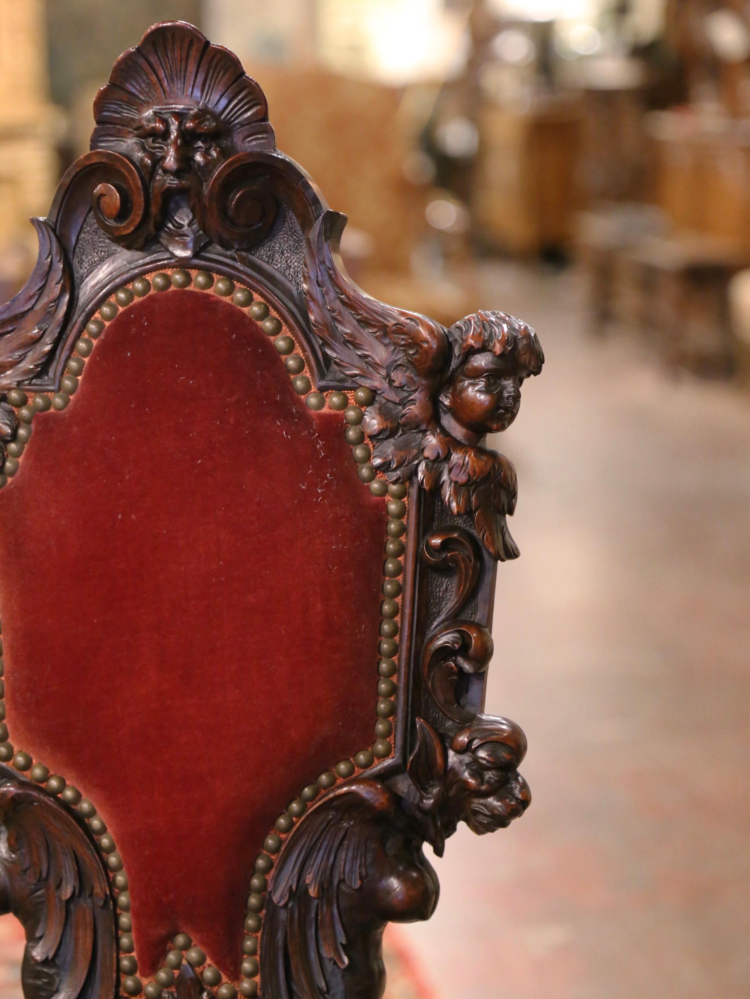 19th Century Italian Renaissance Carved Walnut and Velvet Sgabello Hall Chair 5