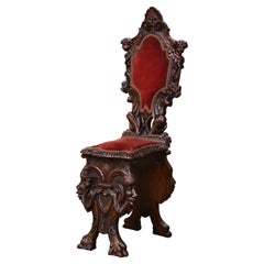 Chaise d'entrée Sgabello de la Renaissance italienne du 19ème siècle en noyer sculpté et velours