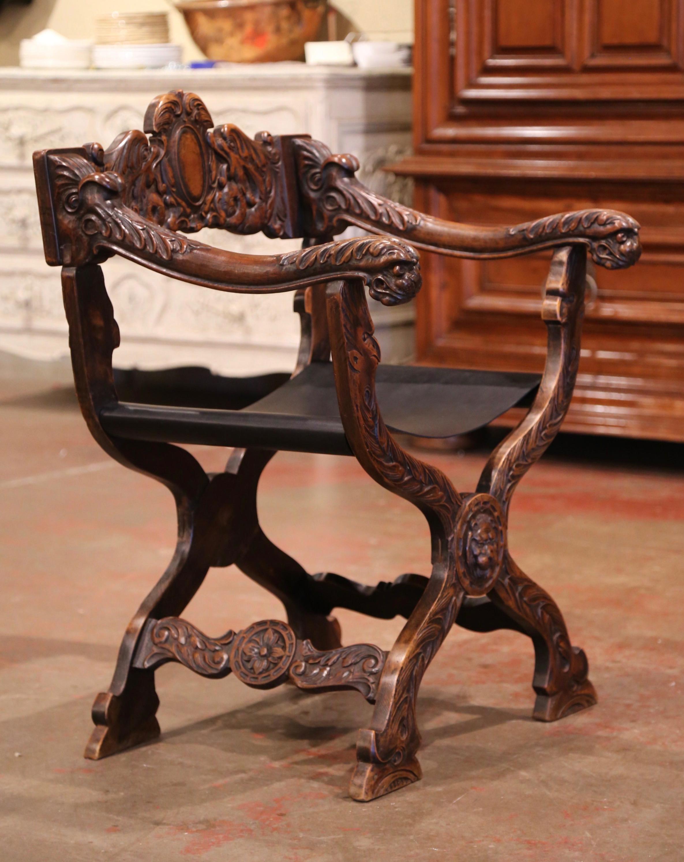 Hand-Carved 19th Century Italian Renaissance Carved Walnut Desk Armchair with Leather Seat