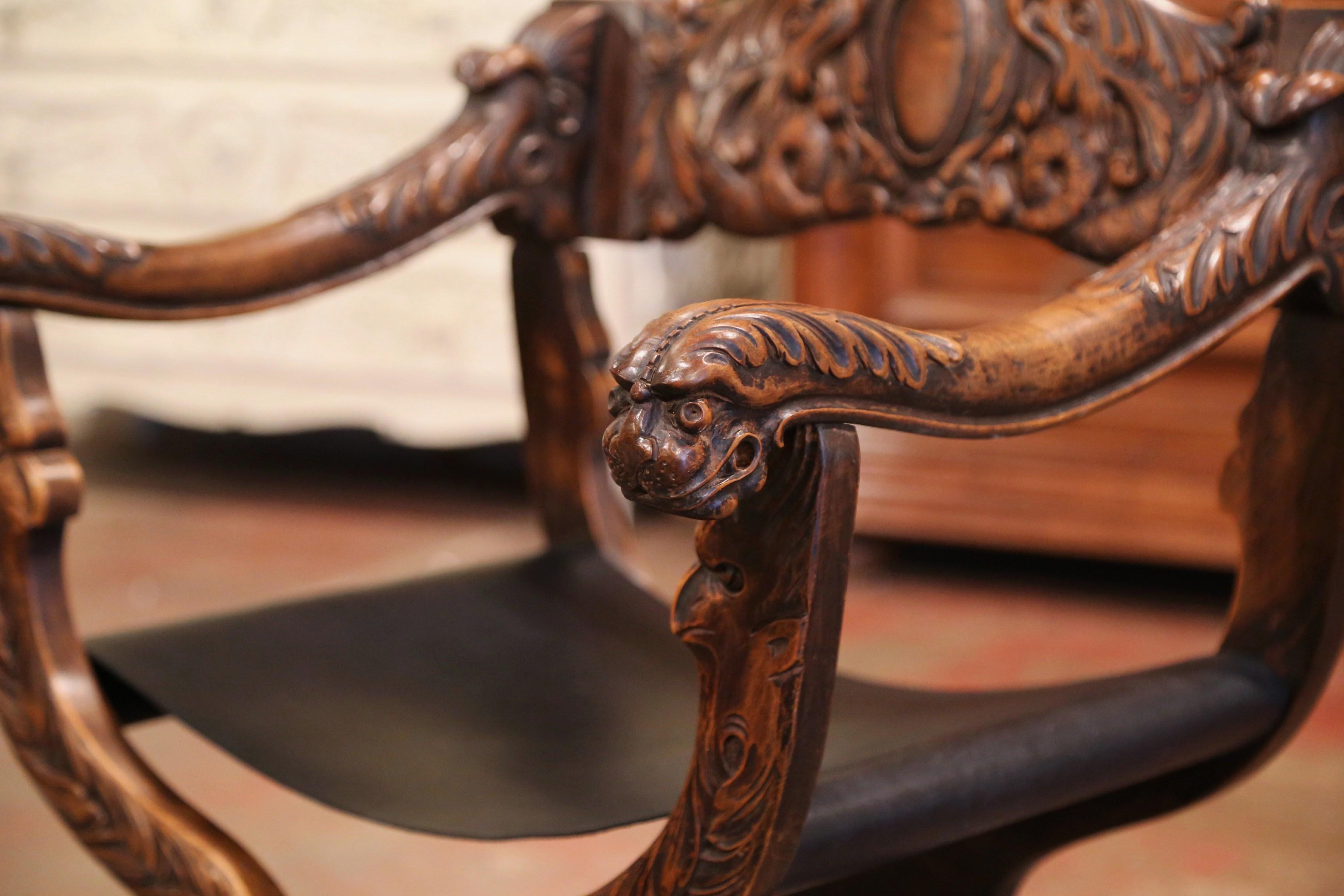 19th Century Italian Renaissance Carved Walnut Desk Armchair with Leather Seat 3