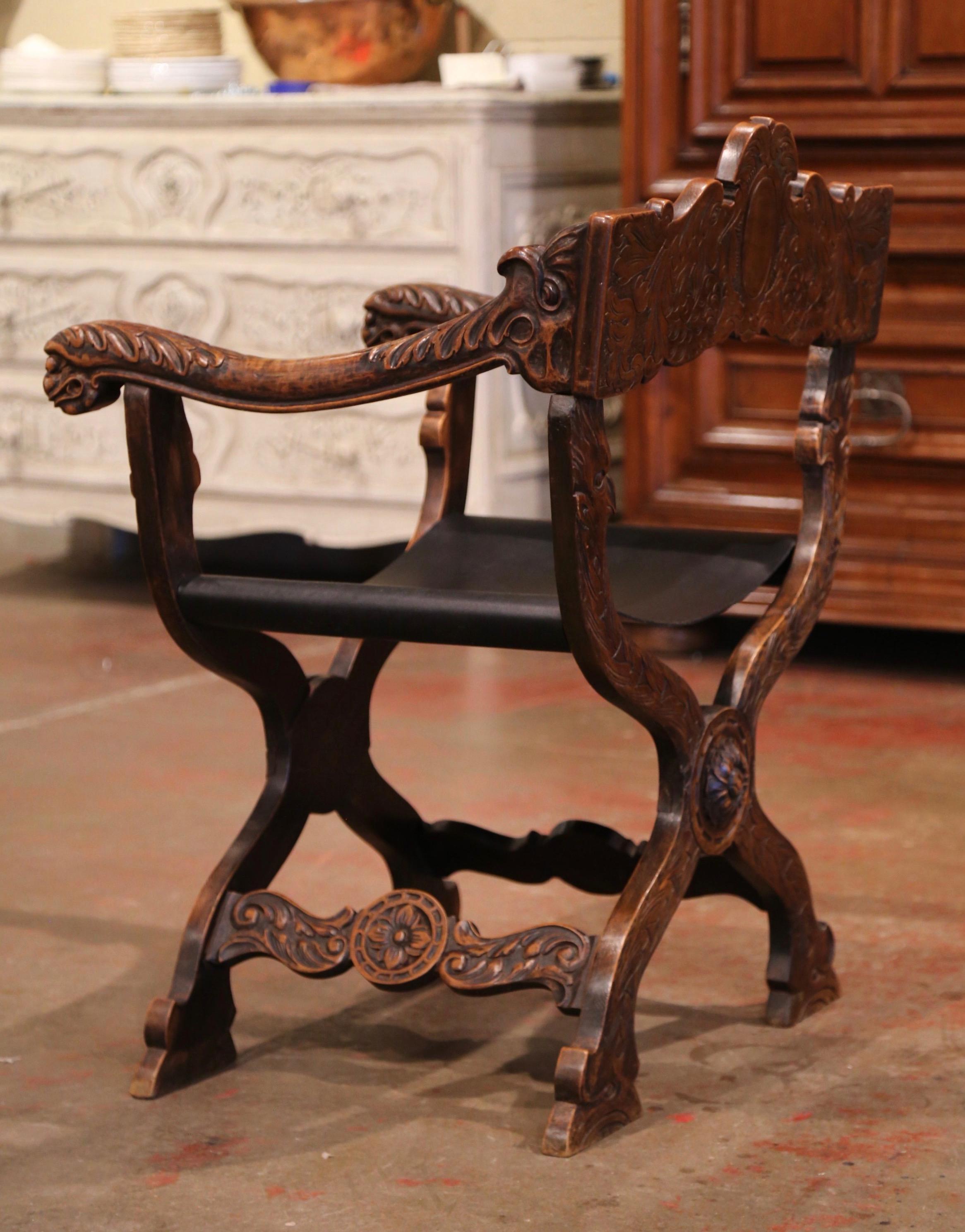 19th Century Italian Renaissance Carved Walnut Desk Armchair with Leather Seat 4