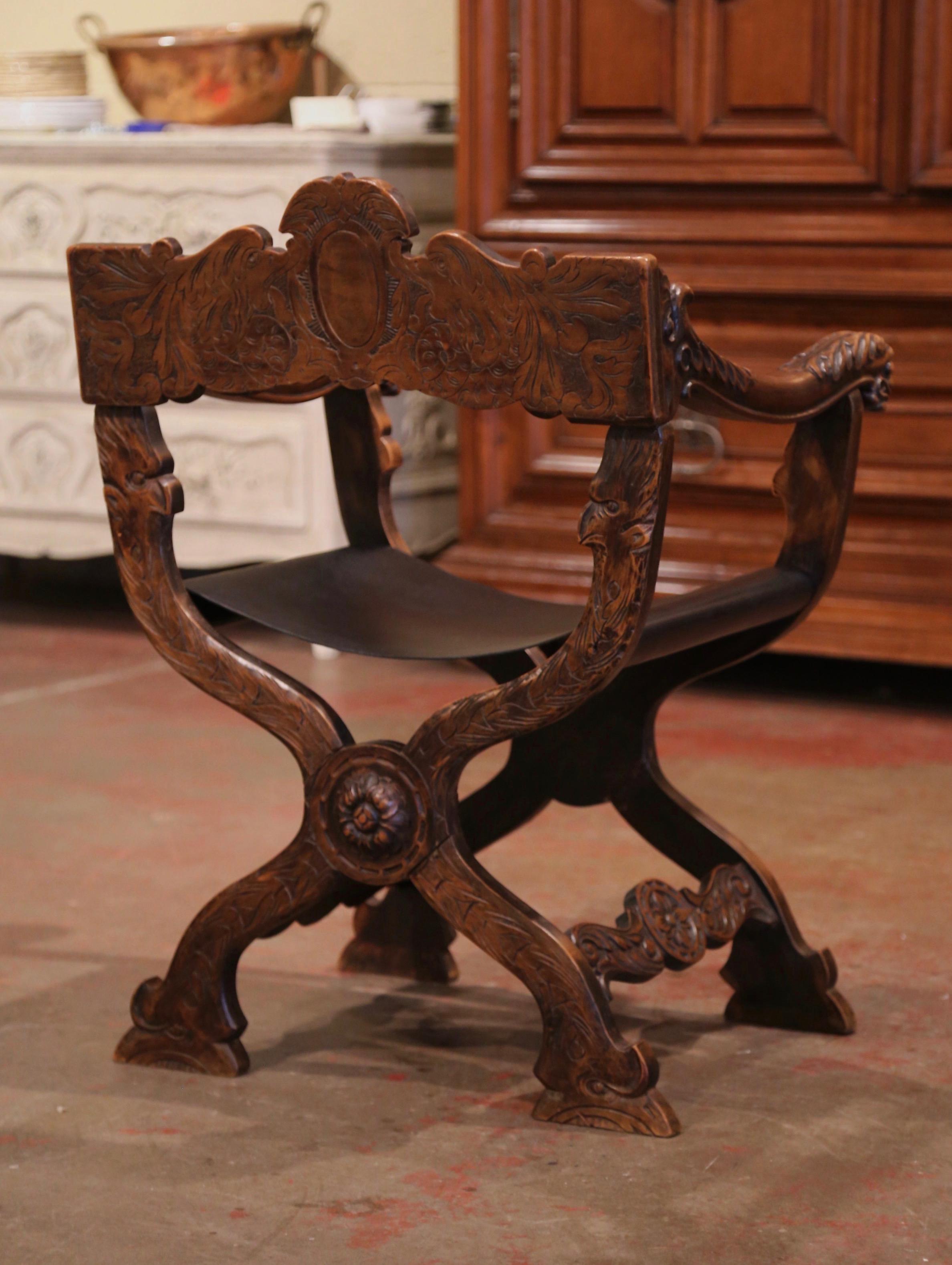 19th Century Italian Renaissance Carved Walnut Desk Armchair with Leather Seat 5