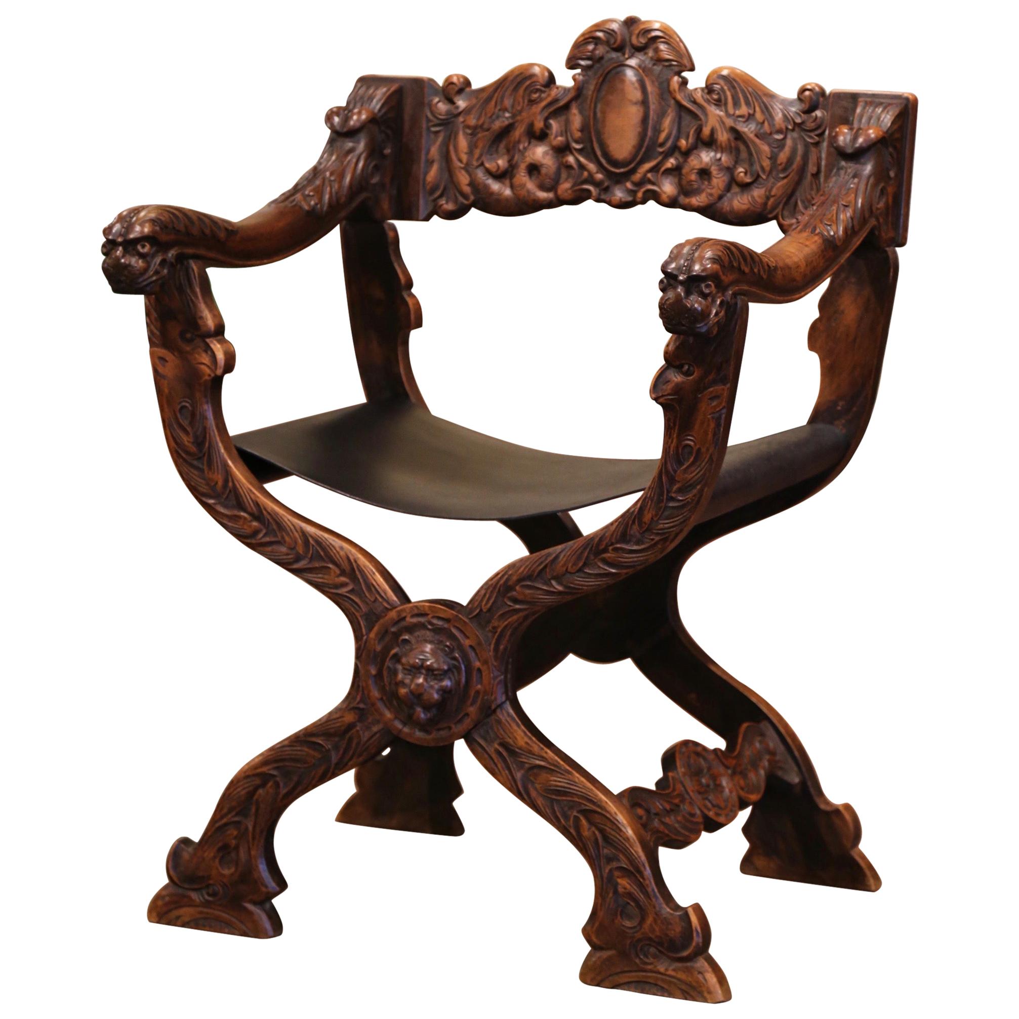 19th Century Italian Renaissance Carved Walnut Desk Armchair with Leather Seat
