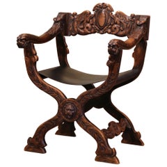 fauteuil de bureau en noyer sculpté Renaissance italienne du 19ème siècle avec assise en cuir