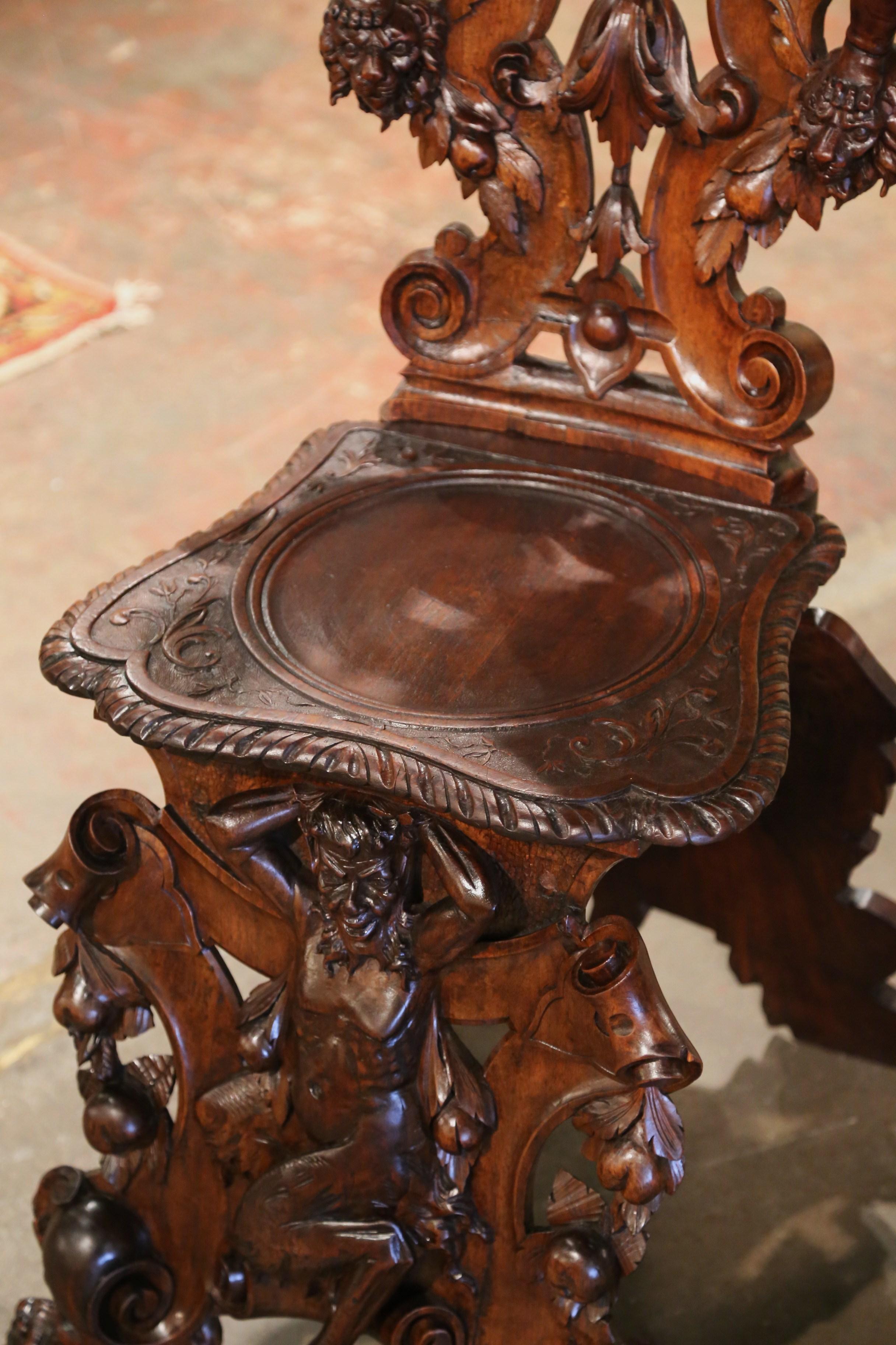 19th Century Italian Renaissance Carved Walnut Sgabello Hall Chair with Putti 2