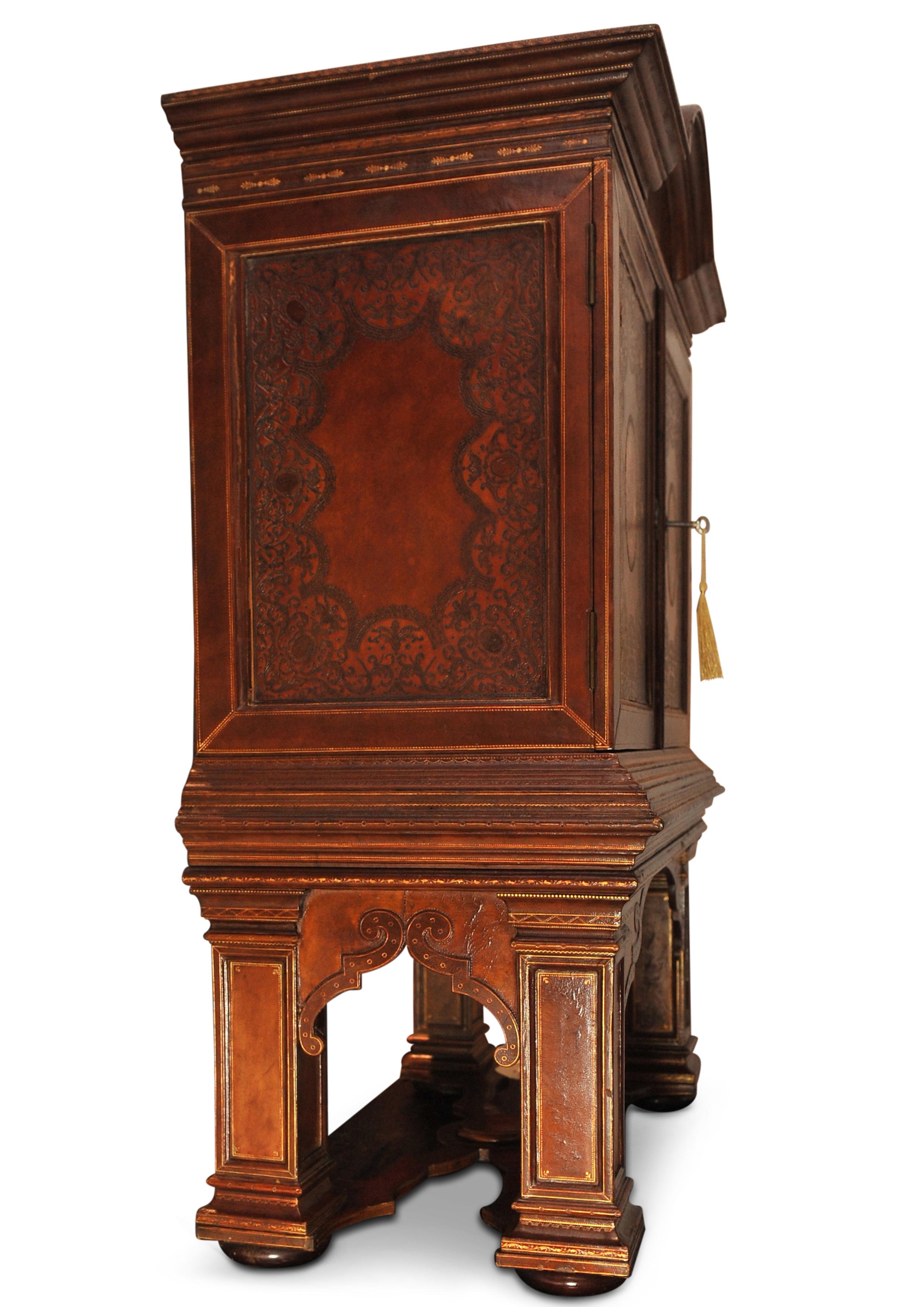 19th Century Italian Renaissance Design Handcrafted Tooled Collectors Cabinet For Sale 6