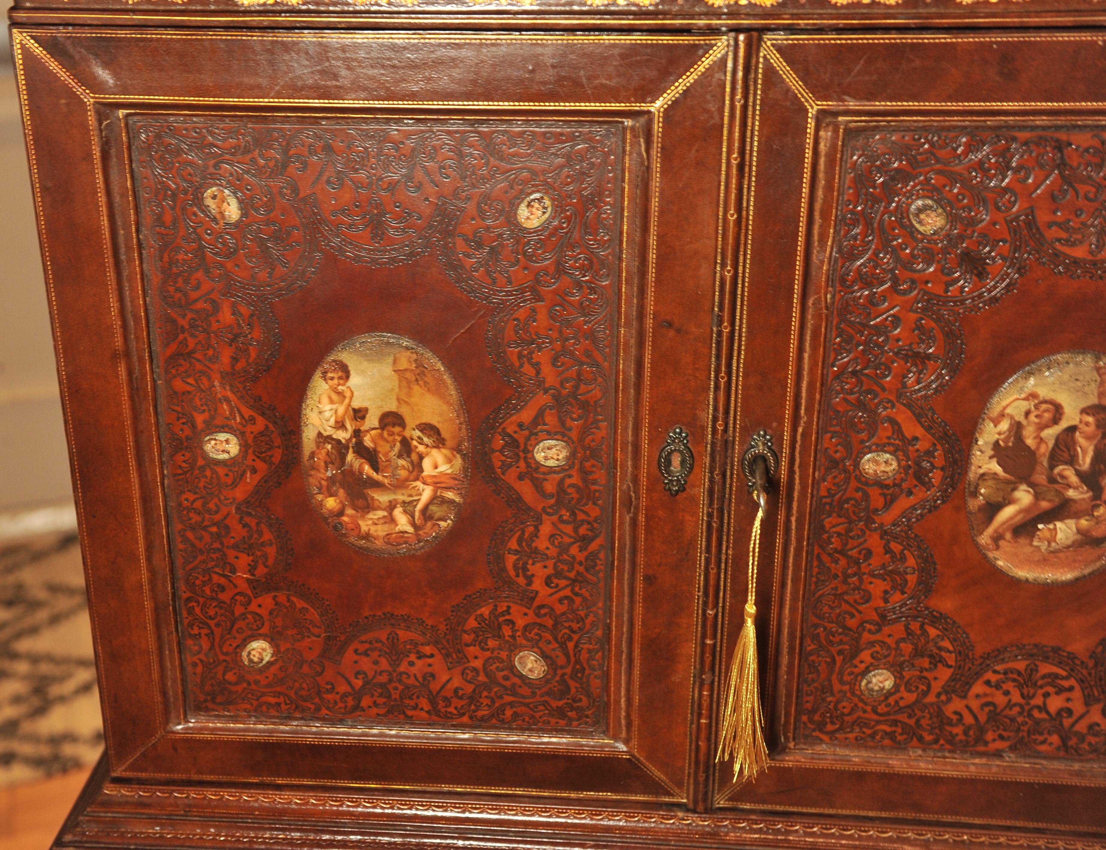 19th Century Italian Renaissance Design Handcrafted Tooled Collectors Cabinet For Sale 7