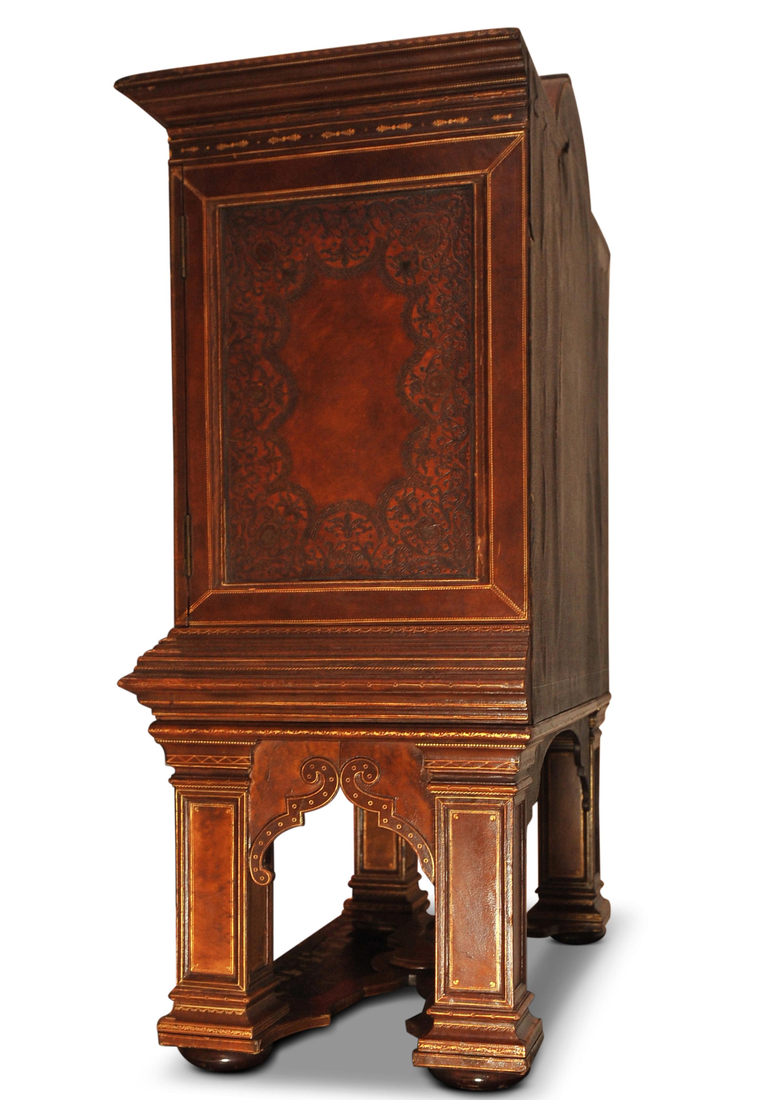 19th Century Italian Renaissance Design Handcrafted Tooled Collectors Cabinet For Sale 4