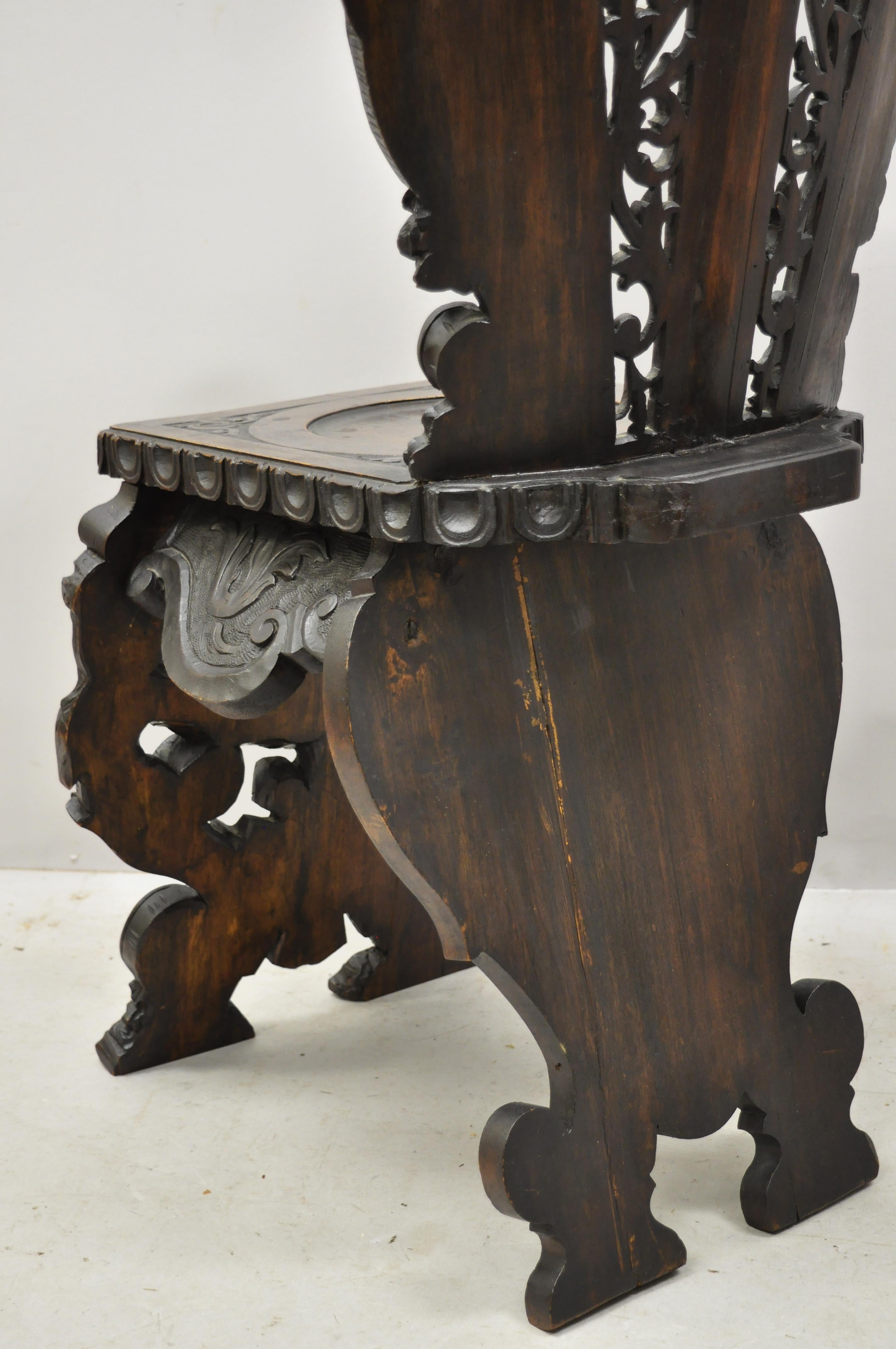19th Century Italian Renaissance Figural Carved Walnut Sgabello Hall Side Chair For Sale 4