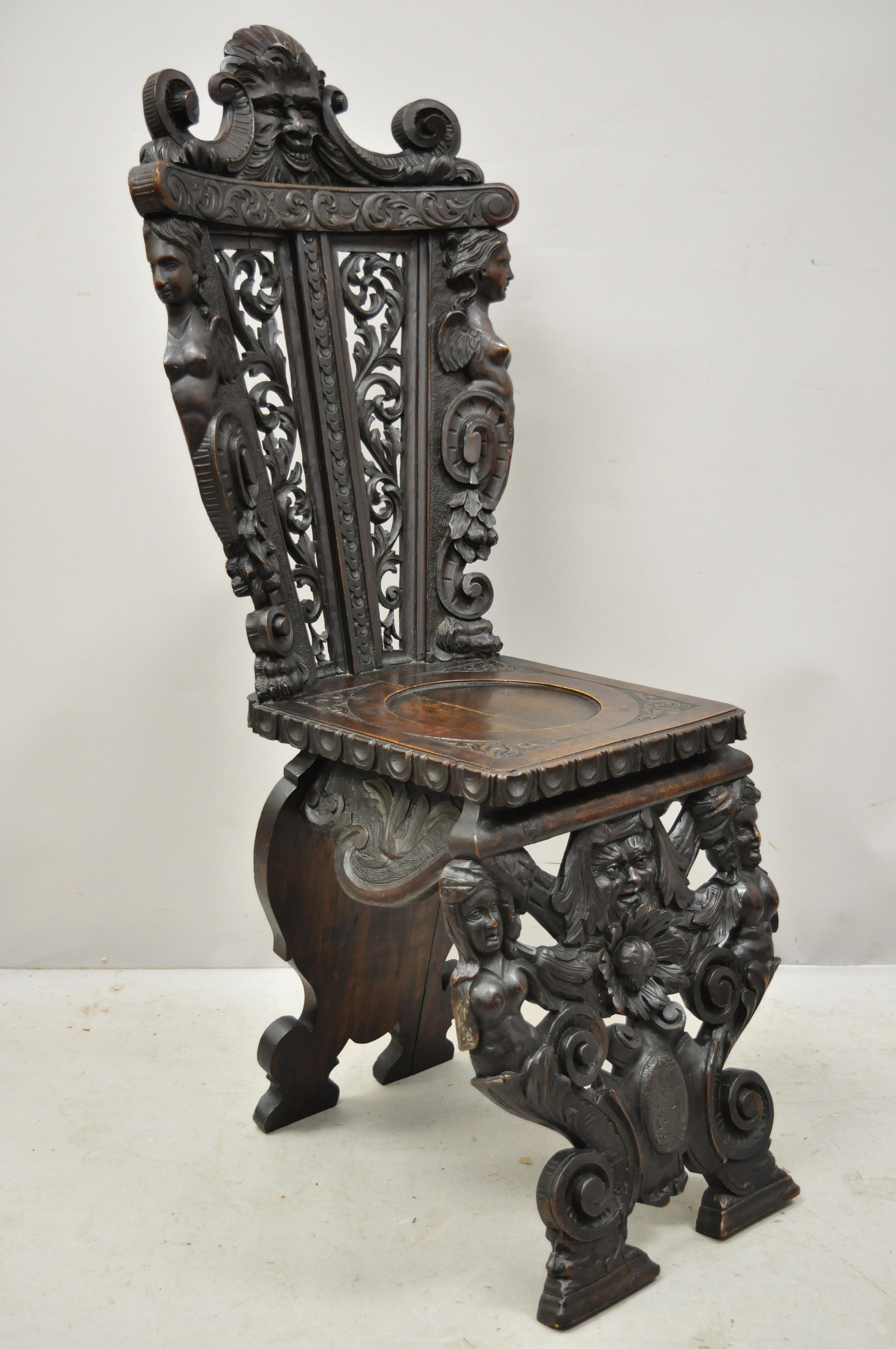 19th Century Italian Renaissance Figural Carved Walnut Sgabello Hall Side Chair For Sale 5