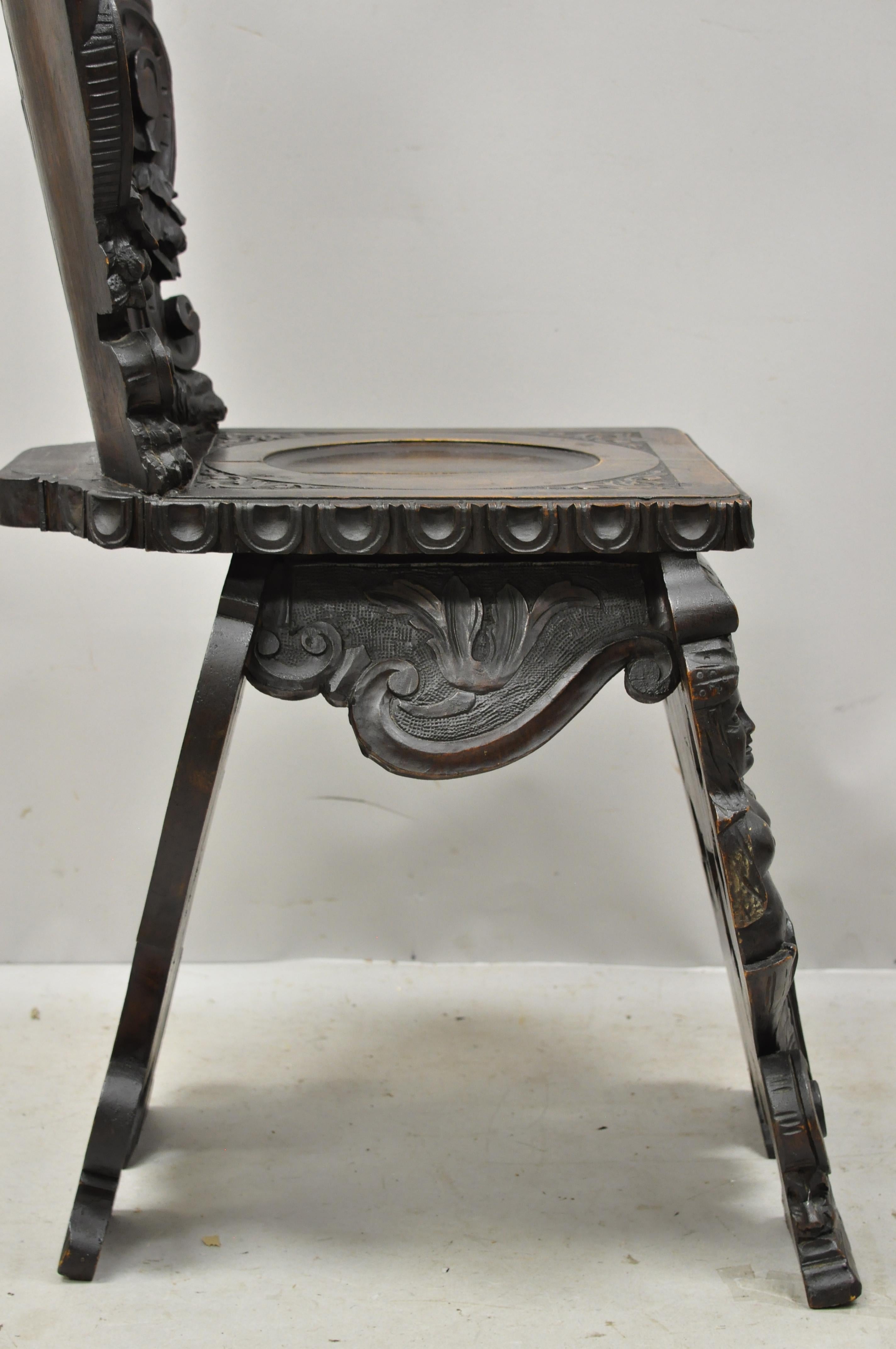 19th Century Italian Renaissance Figural Carved Walnut Sgabello Hall Side Chair For Sale 2