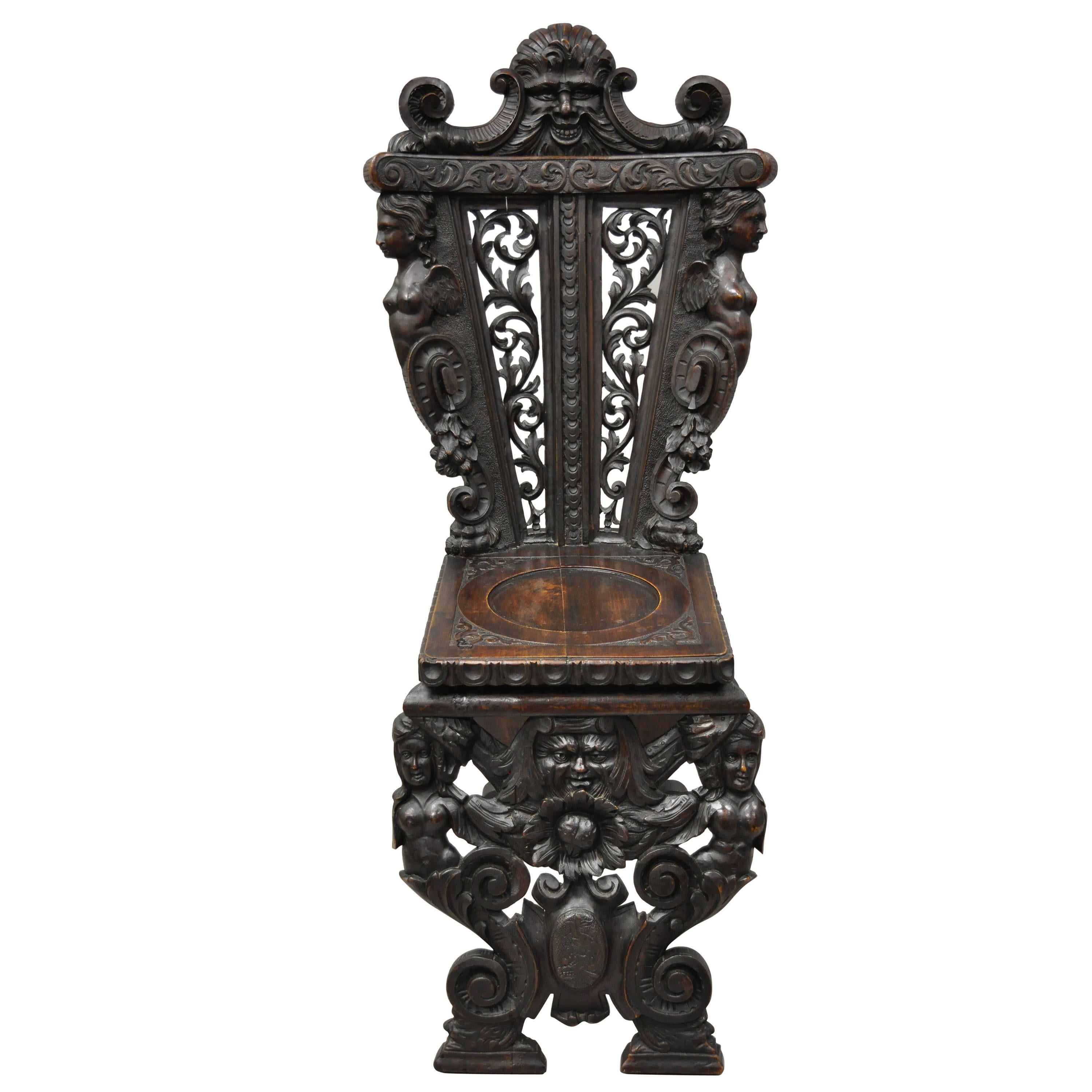 19th Century Italian Renaissance Figural Carved Walnut Sgabello Hall Side Chair For Sale