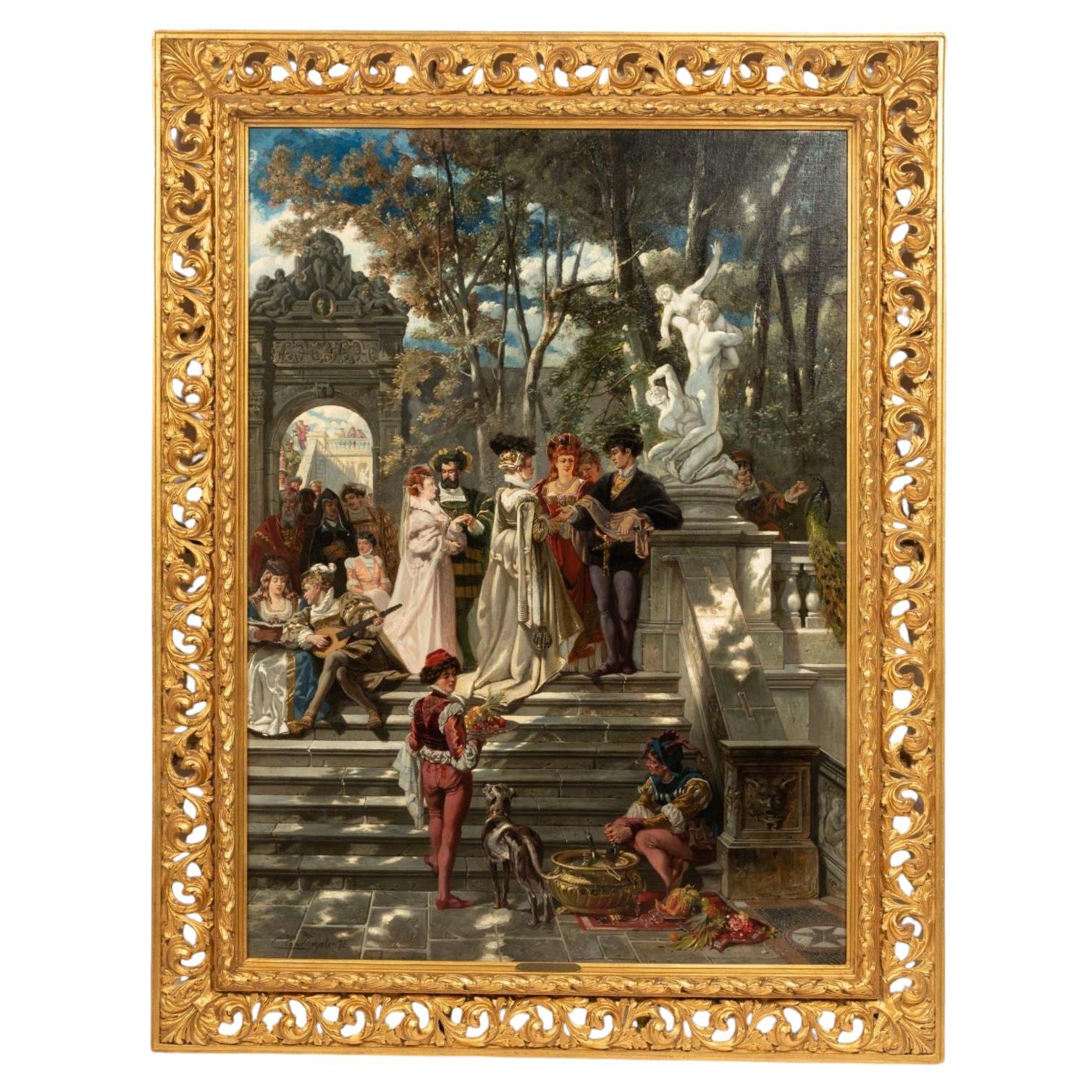 Huile sur toile de Carl Emil Doepler du 19ème siècle, parti de la Renaissance italienne