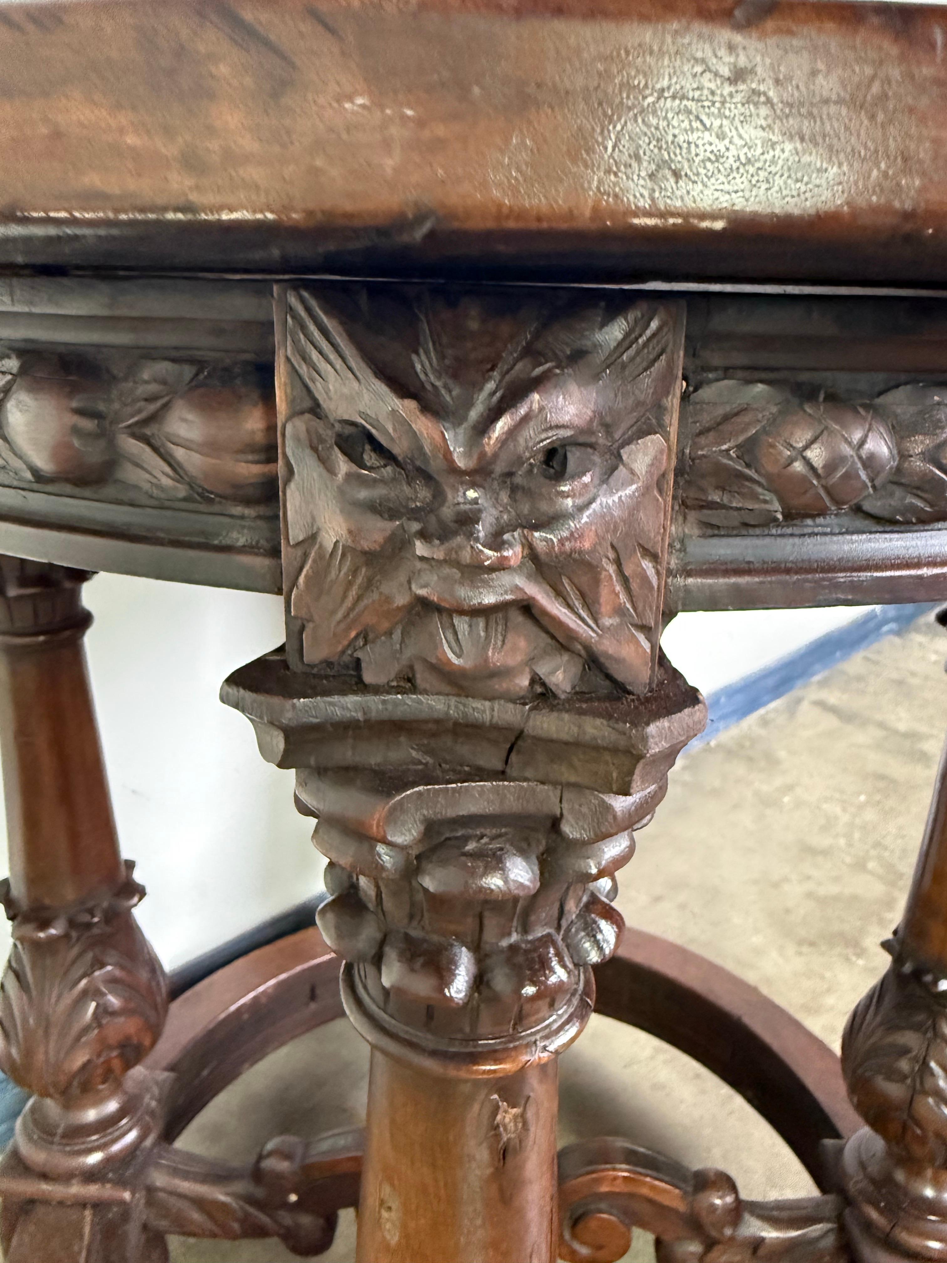 19th Century Italian Renaissance Revival Carved Walnut Table In Distressed Condition For Sale In Los Angeles, CA