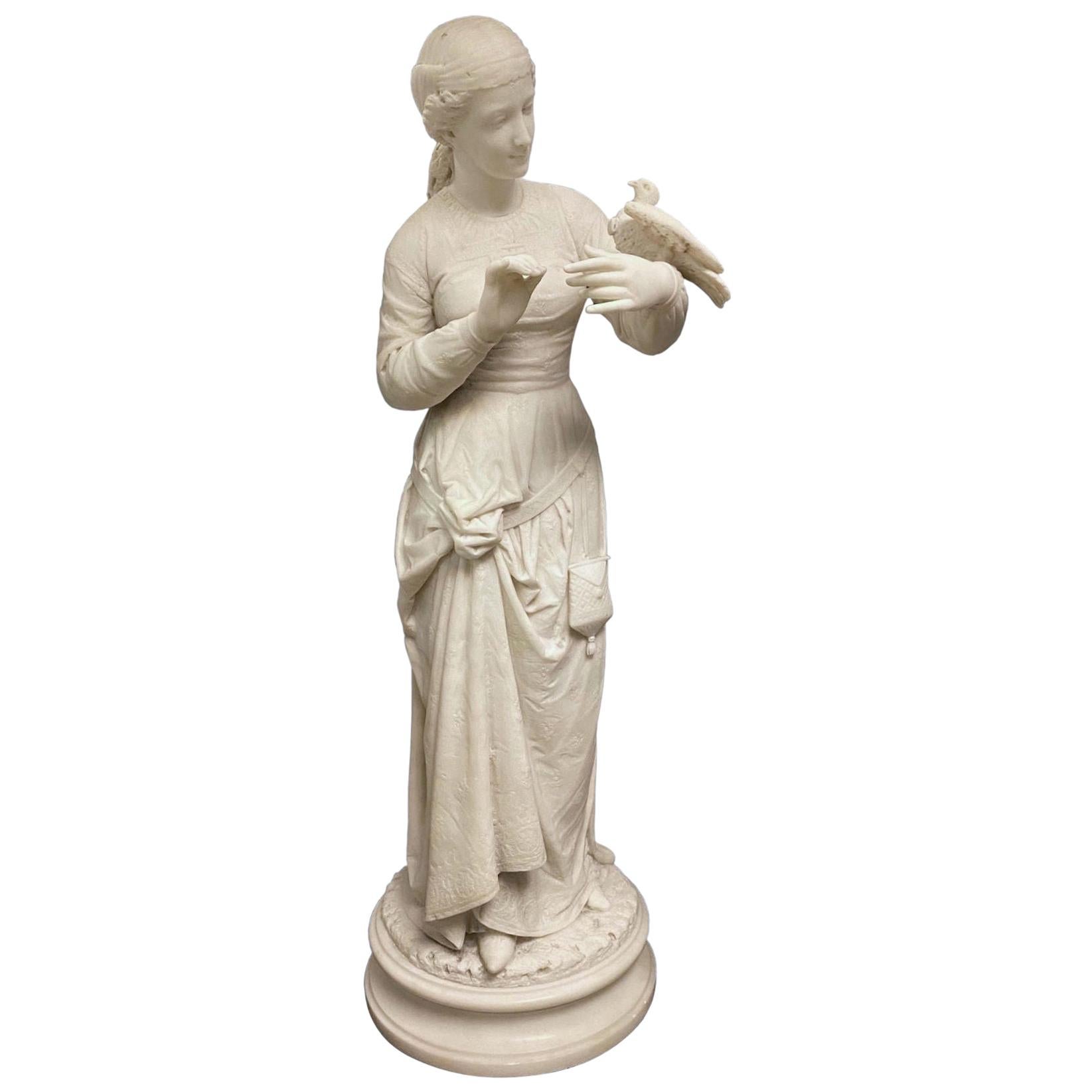 19th Century Italian Renaissance Revival Marble Statue Maiden Holding a Bird