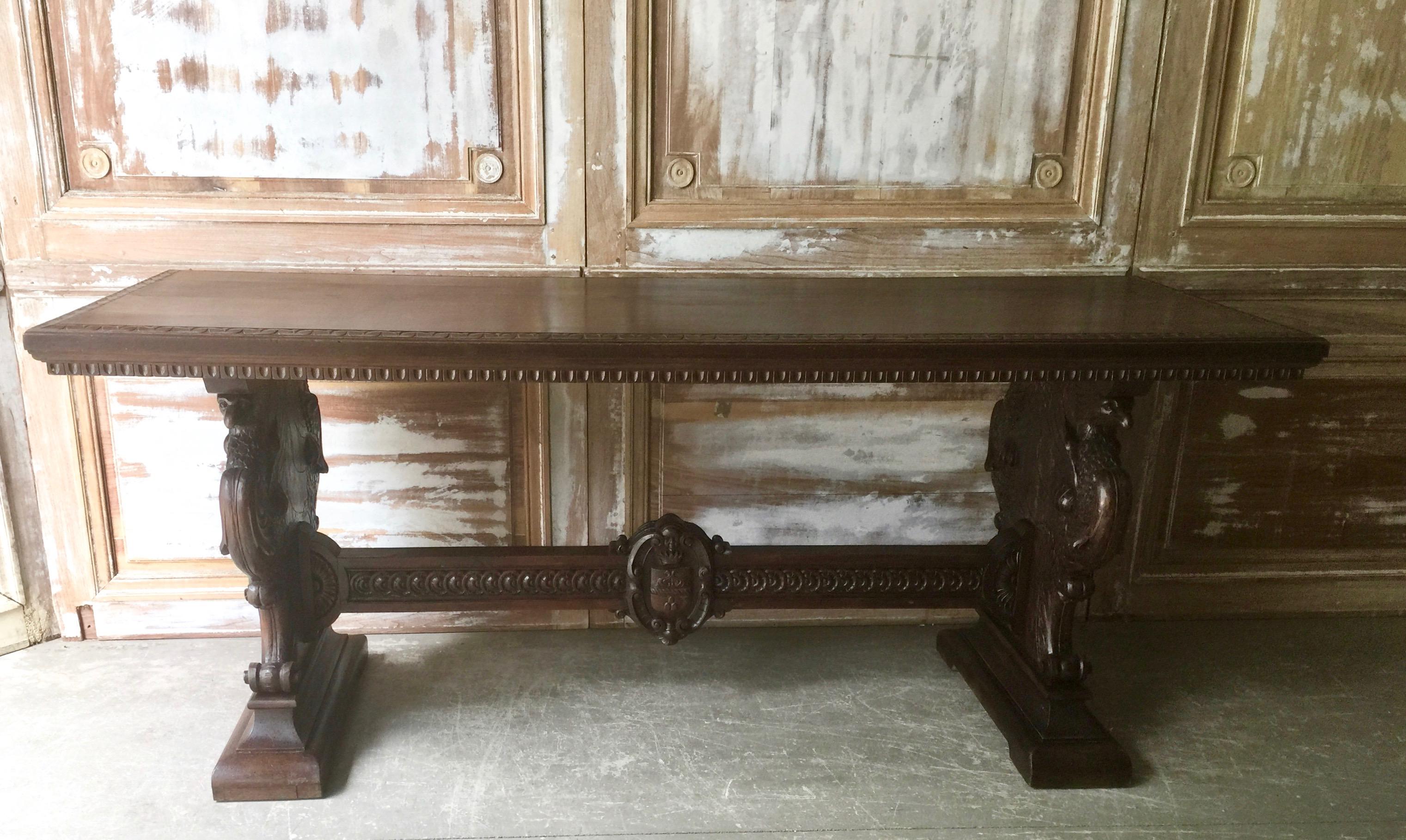 Hand-Carved 19th Century Italian Renaissance Revival Walnut Library Table