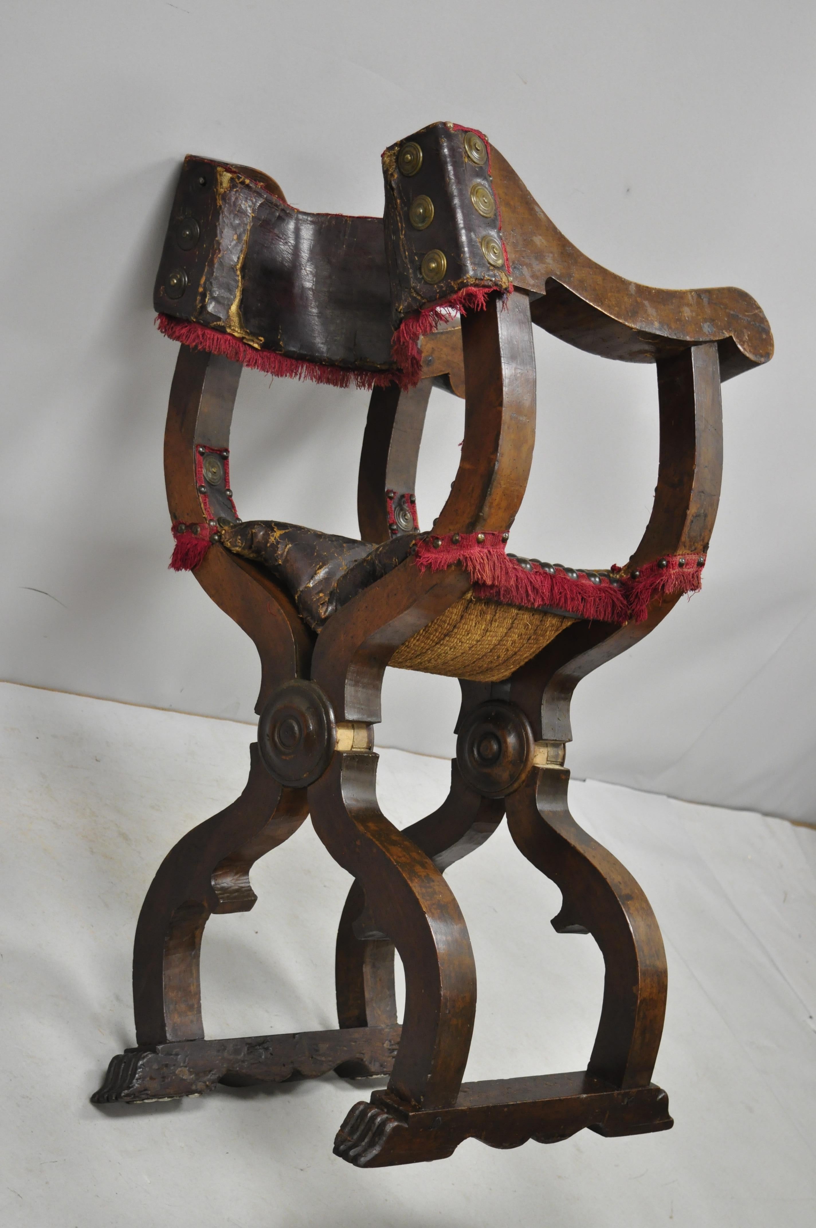 19th Century Italian Renaissance Savonarola Walnut and Leather Armchair 1