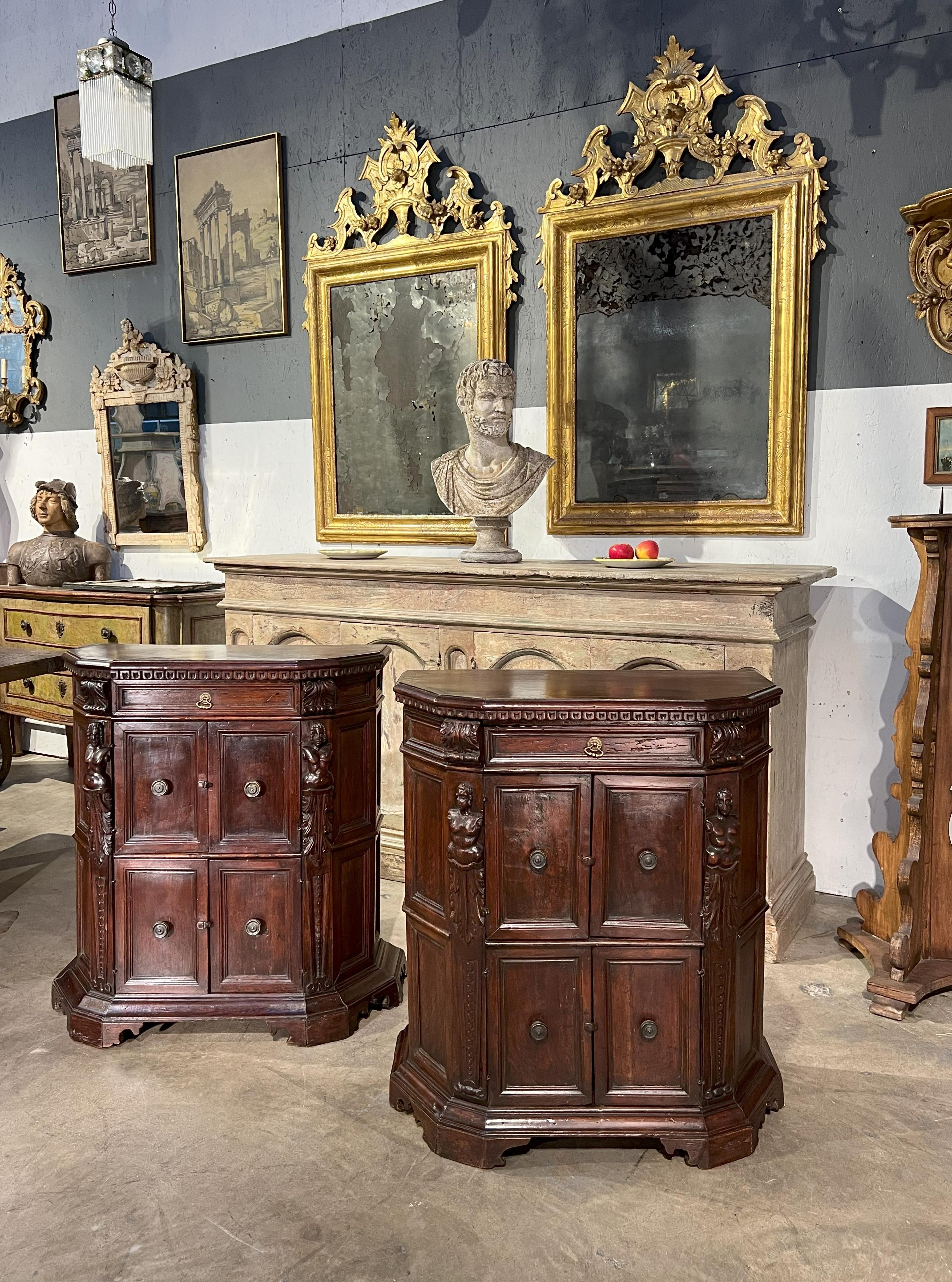 These are two 19th Century Italian Renaissance Style Carved Dark Walnut Night Stands that come as a pair. 

These night stands have four doors each that open to two spacious interior shelves. Also in terms of space, a small drawer is as the top of
