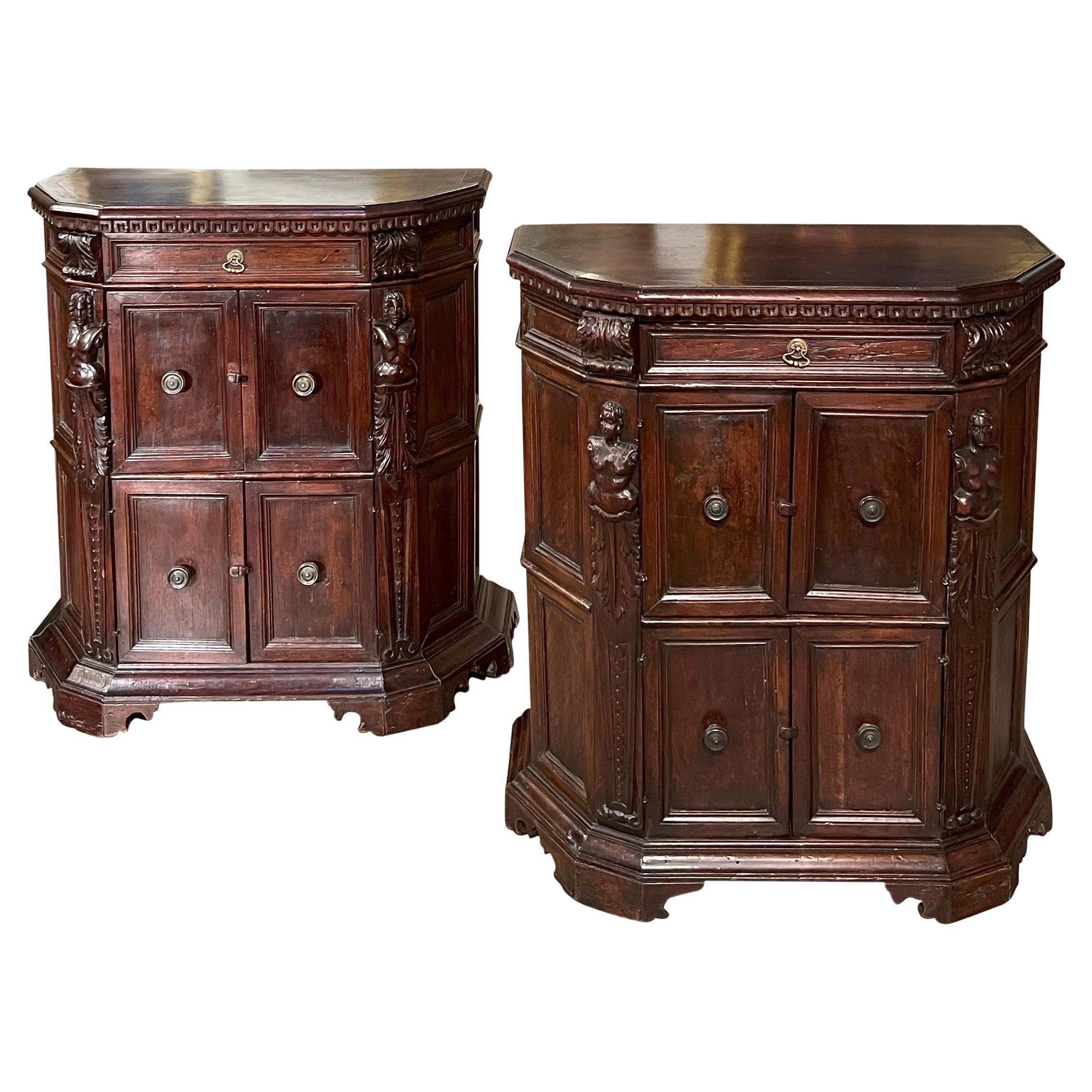 19th Century Italian Renaissance Style Carved Dark Walnut Night Stand Pair 