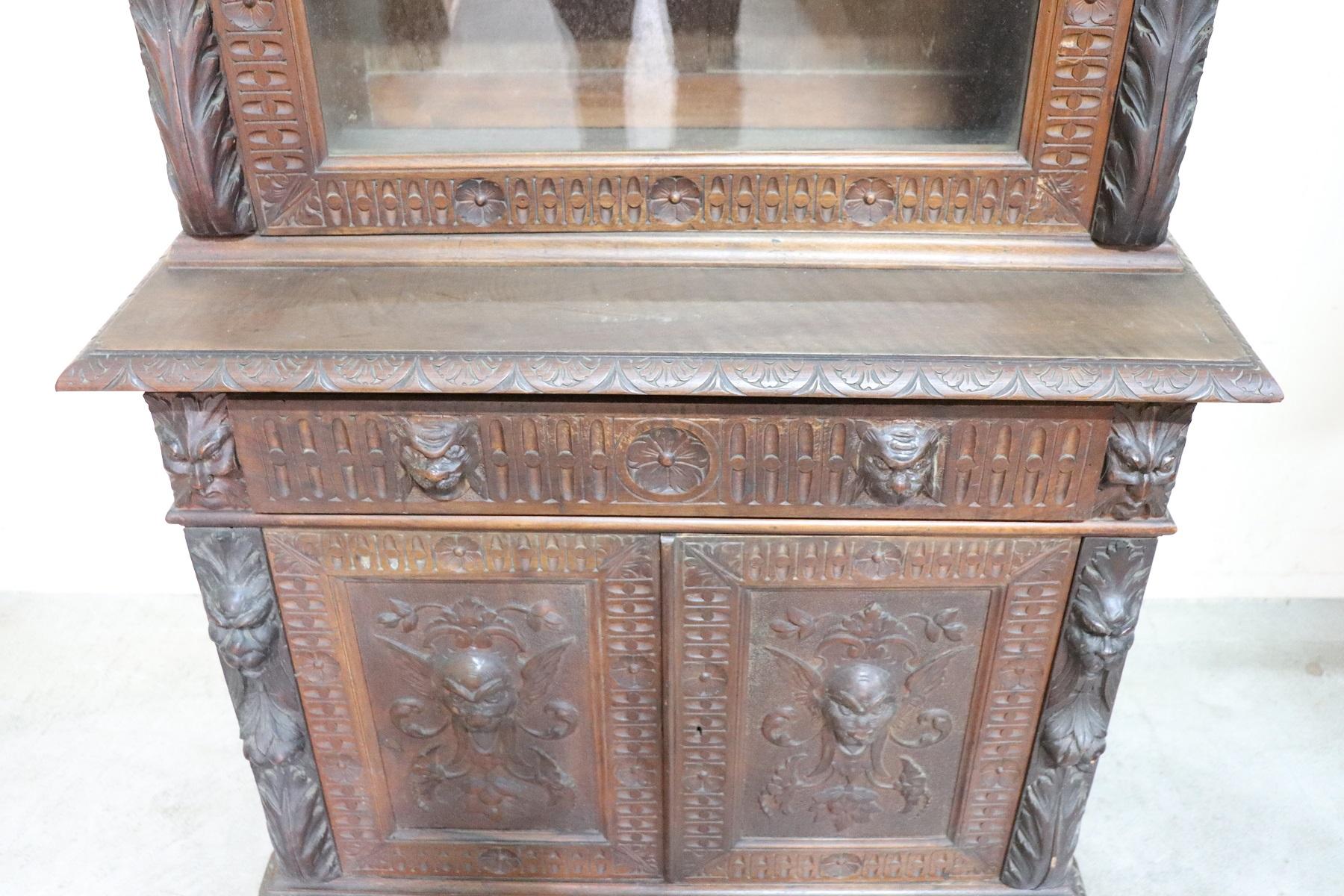 Walnut 19th Century Italian Renaissance Style Carved Oak Bookcase or Sideboard