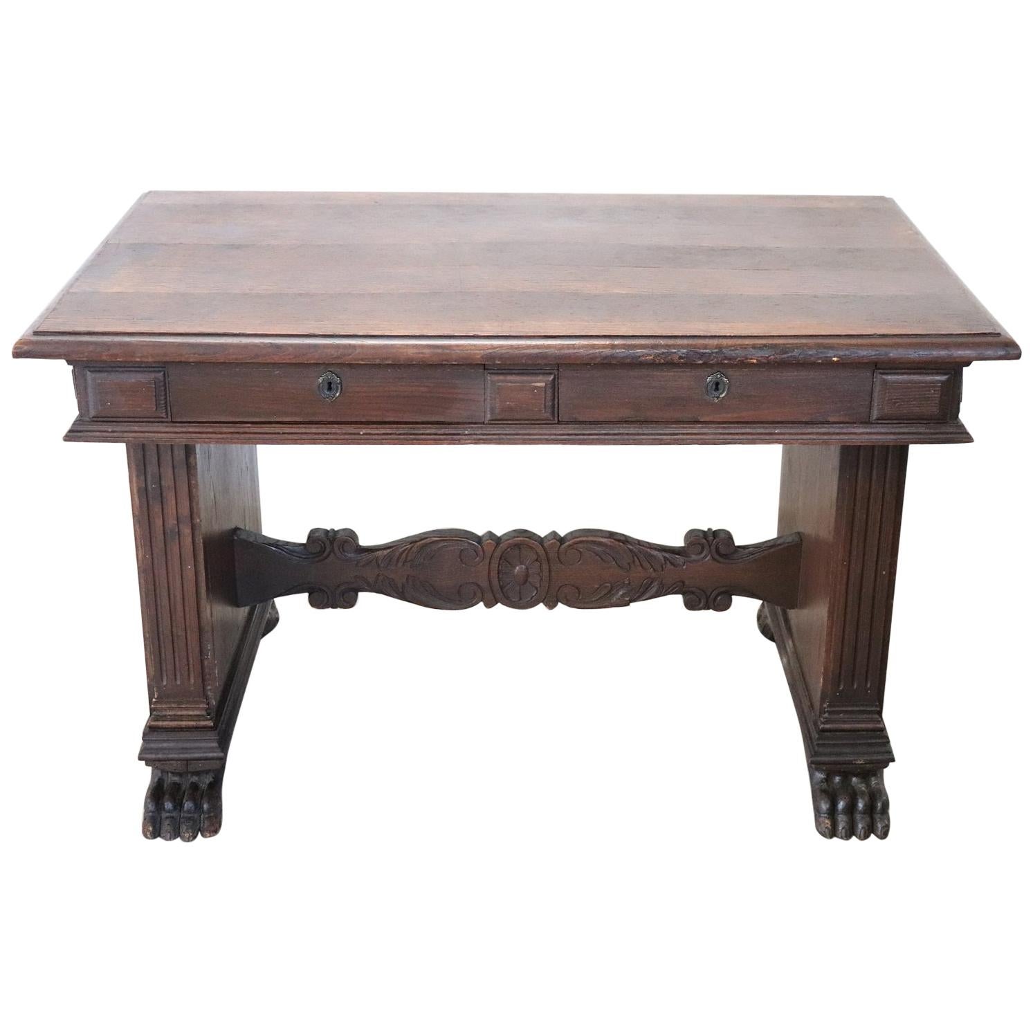 19th Century Italian Renaissance Style Carved Oak Desk or Writing Table