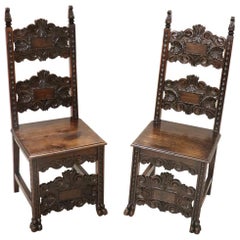 19th Century Italian Renaissance Style Carved Walnut Antique Chairs, Set of 2