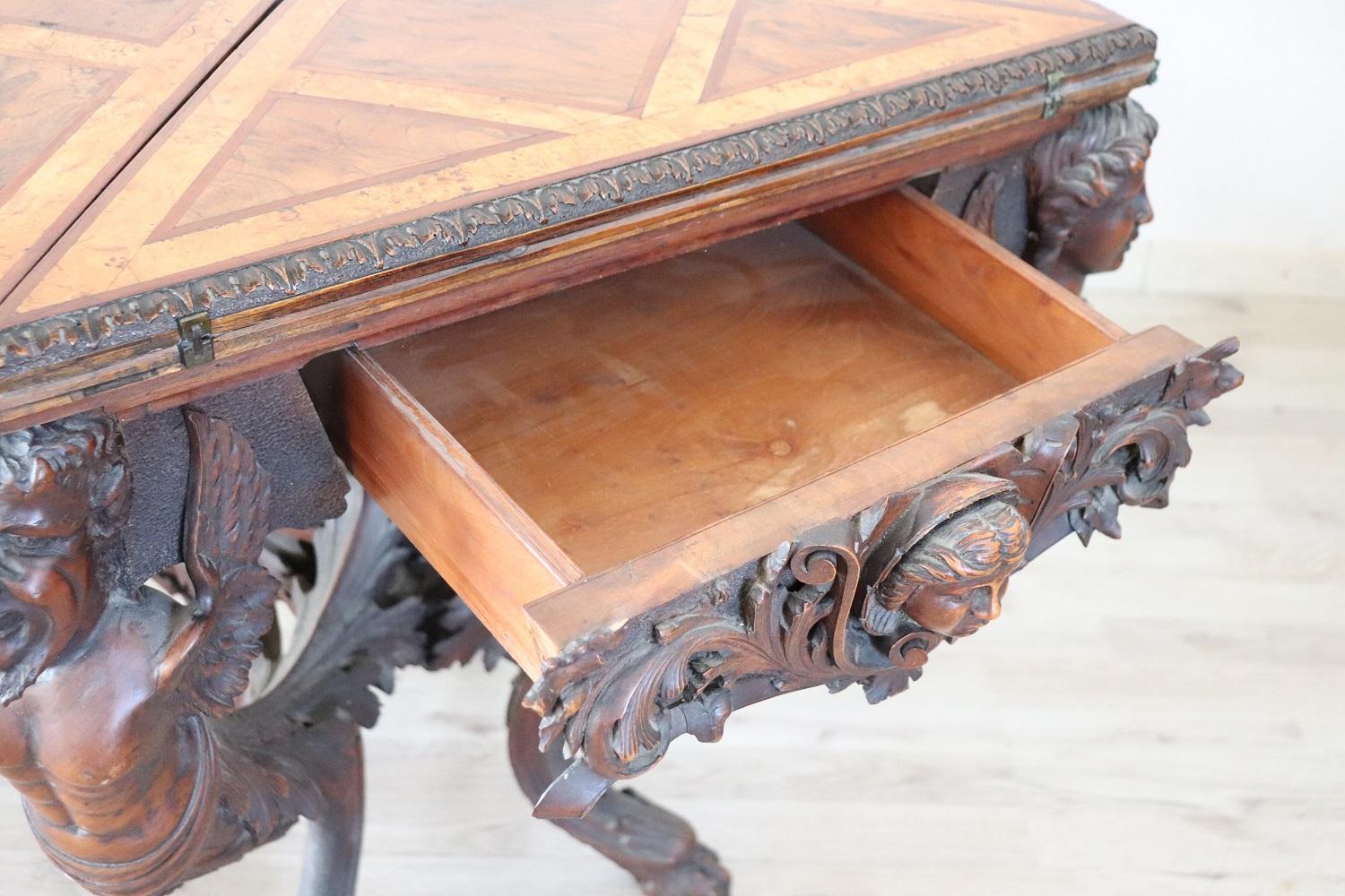 19th Century Italian Renaissance Style Carved Walnut Antique Game Table 8