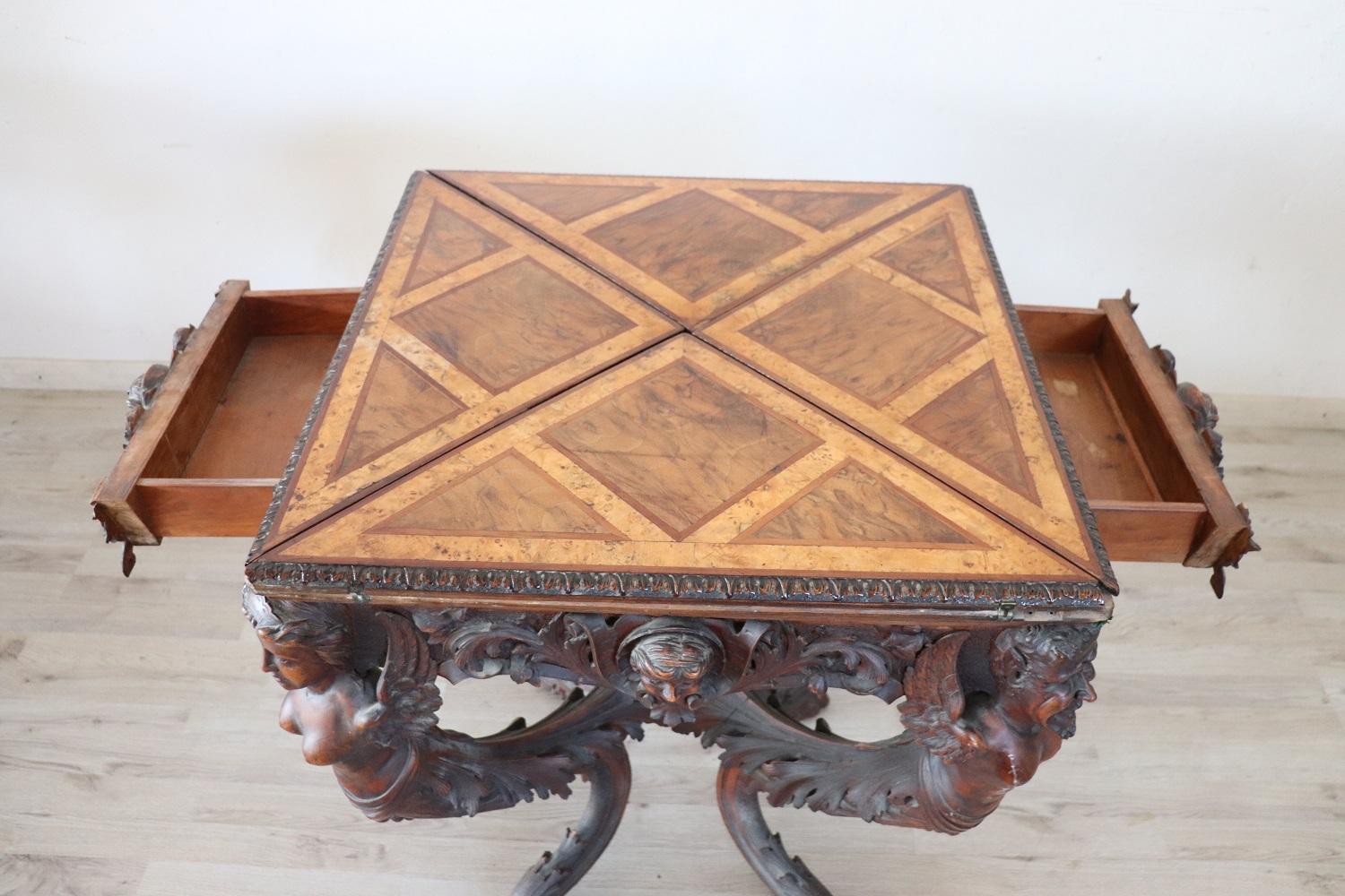 19th Century Italian Renaissance Style Carved Walnut Antique Game Table 9