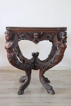 19th Century Italian Renaissance Style Carved Walnut Antique Game Table