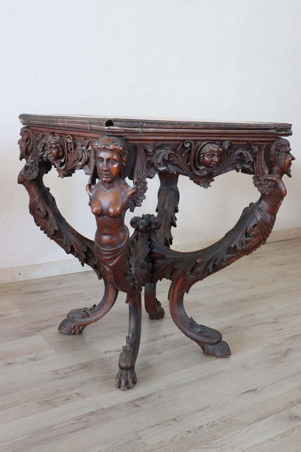 Hand-Carved 19th Century Italian Renaissance Style Carved Walnut Antique Game Table