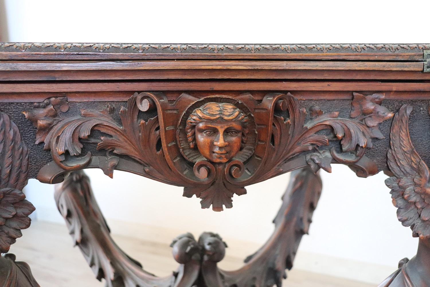 19th Century Italian Renaissance Style Carved Walnut Antique Game Table 2