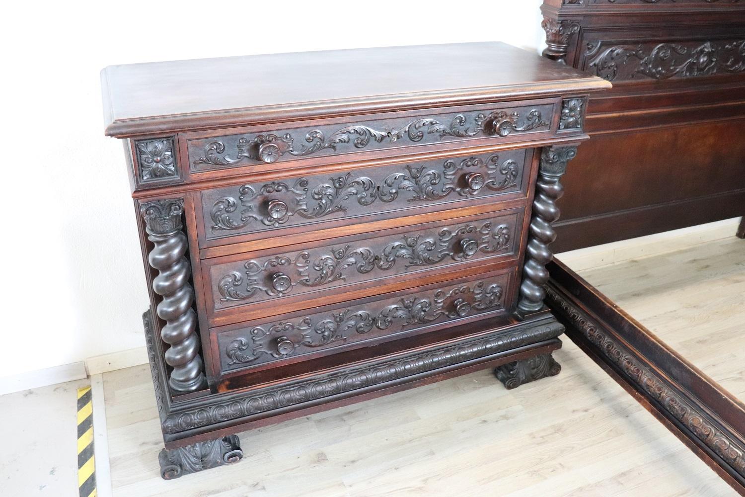 Majestic complete bedroom set in perfect Renaissance style 1880s with five pieces:
One large wardrobe
Two nightstands
One large chest of drawers
One double bed

Entirely made of walnut carved with great artistic quality. Large twisted columns