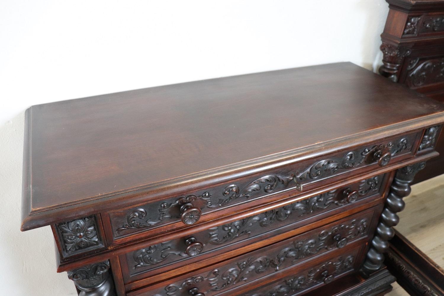 Late 19th Century 19th Century Italian Renaissance Style Carved Walnut Bedroom Set, Five Pieces