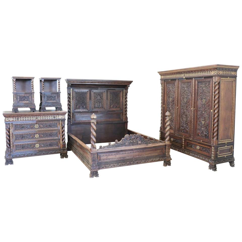 19th Century Italian Renaissance Style Carved Walnut Bedroom Set, Five ...