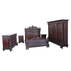 19th Century Italian Renaissance Style Carved Walnut Bedroom Set, Five Pieces