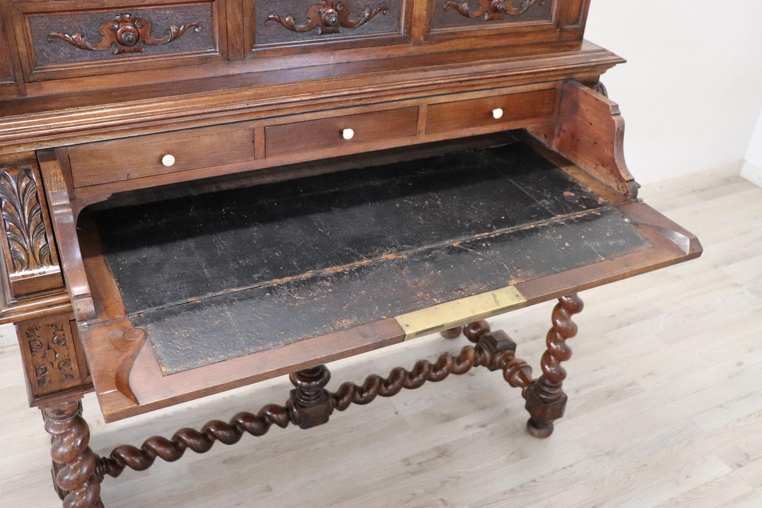 19th Century Italian Renaissance Style Carved Walnut Cabinet with Writing Desk 8
