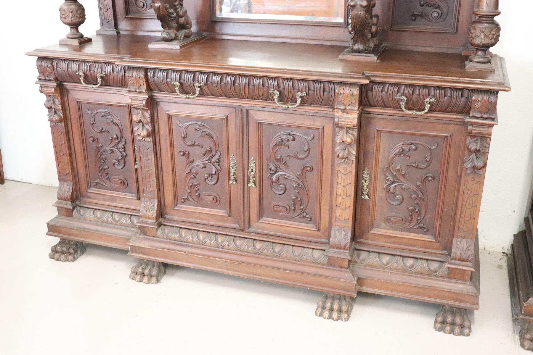 Impressive antique 19th century Italian Renaissance style large sideboard. Made entirely of carved walnut wood. The carving work is spectacular made by a great master of wood. We ask you to look at each image in detail to understand the importance