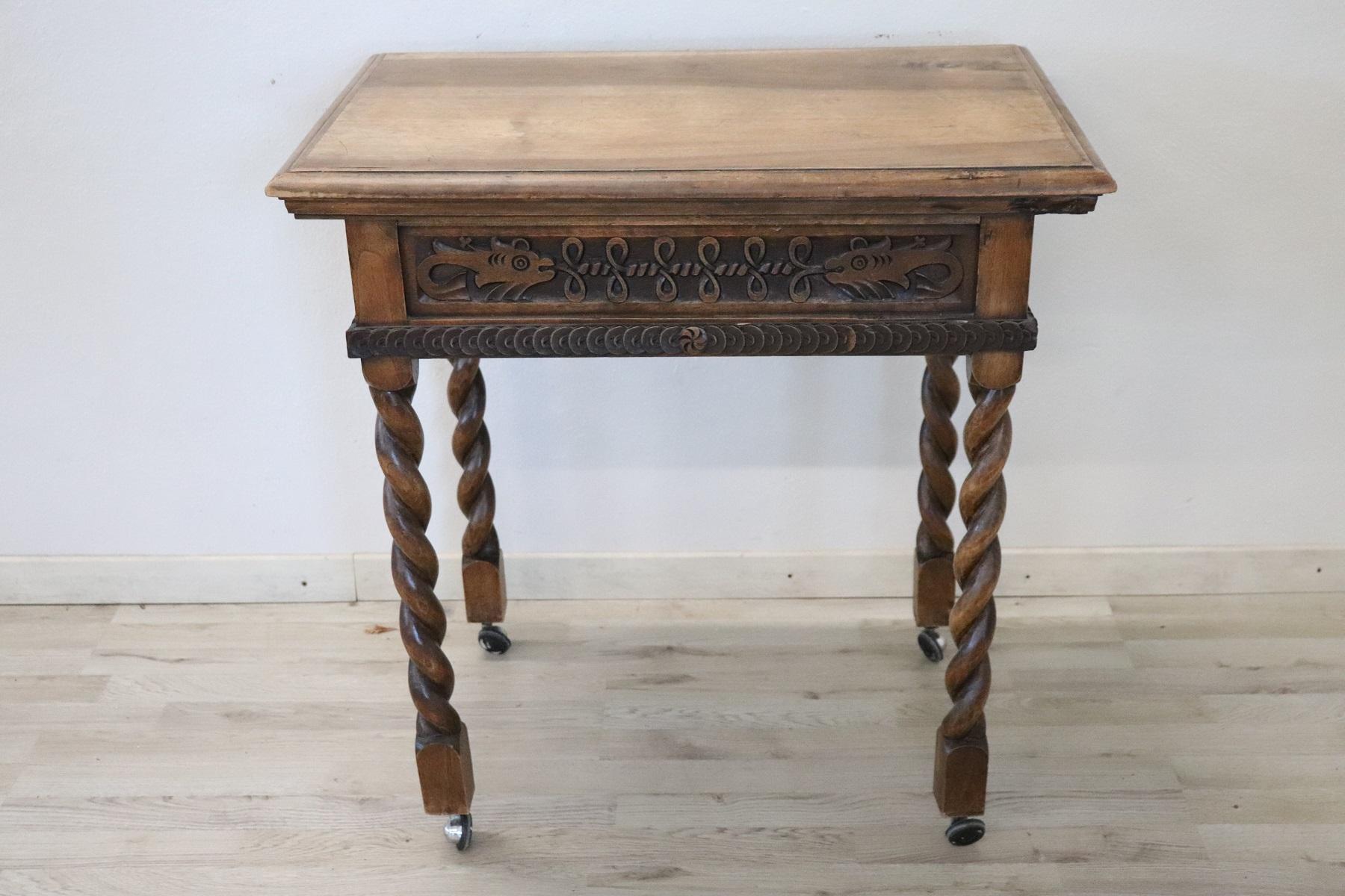 19th Century Italian Renaissance Style Carved Walnut Side Table or Desk 1