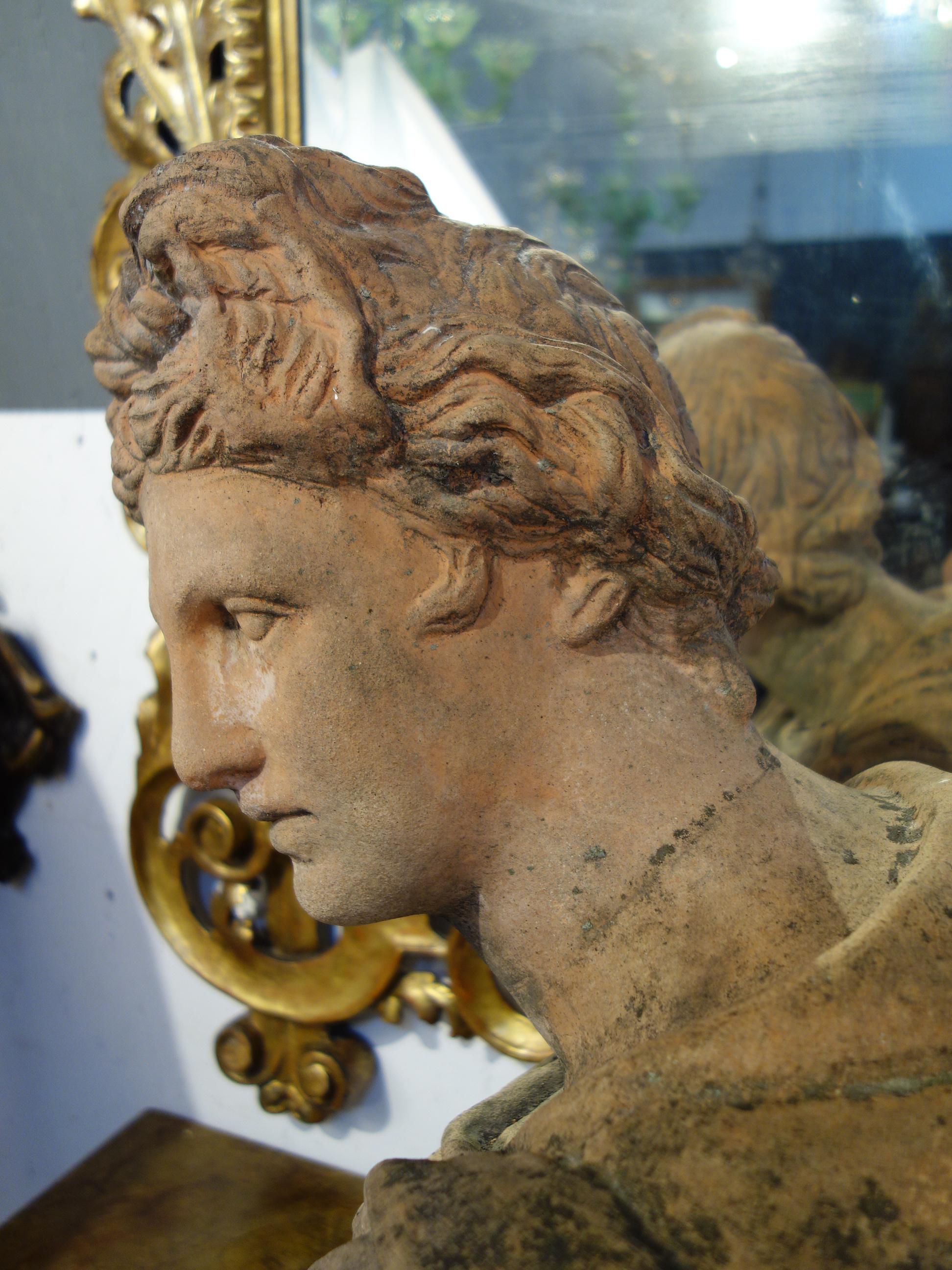 Early 20th Century Italian Renaissance Style Impruneta Terracotta Apollo Bust 4