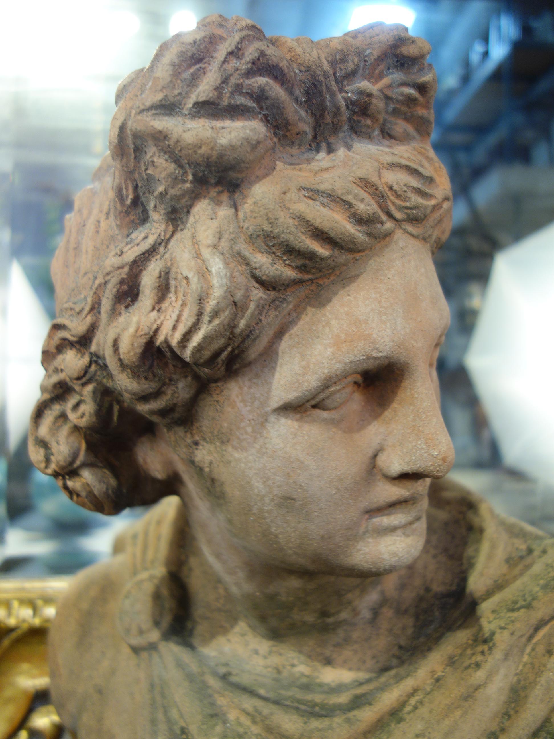 Early 20th Century Italian Renaissance Style Impruneta Terracotta Apollo Bust In Good Condition In Encinitas, CA