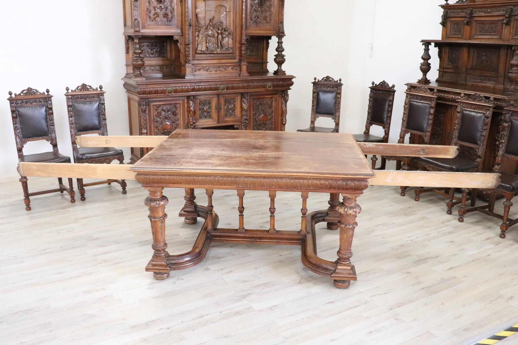 19th Century Italian Renaissance Style Walnut Carved Dining Room Set 11 Pieces 11