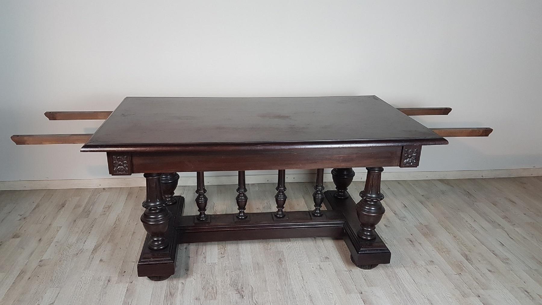 19th Century Italian Renaissance Style Walnut Carved Extending Dining Room Table 1