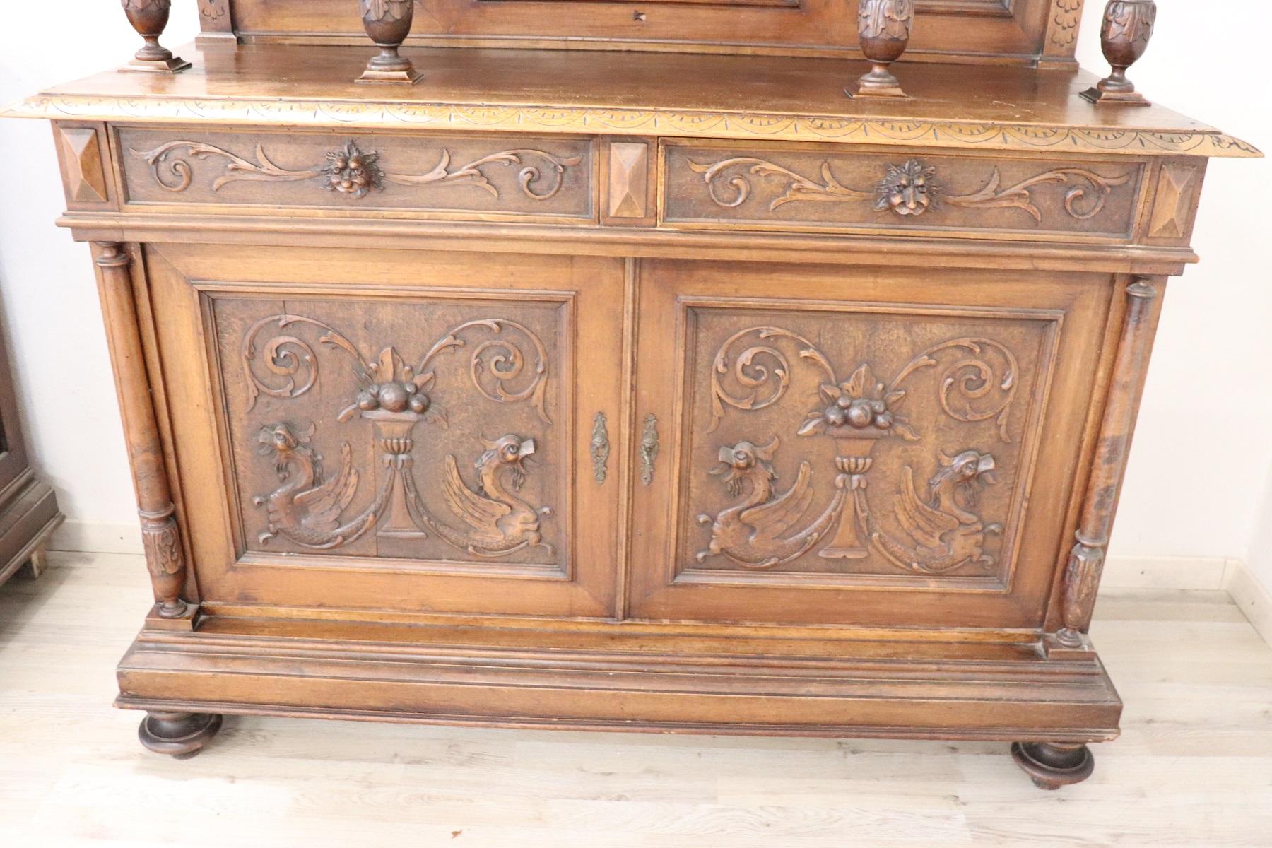 19th Century Italian Renaissance Style Walnut Carved Sideboard, Set of 2 For Sale 11